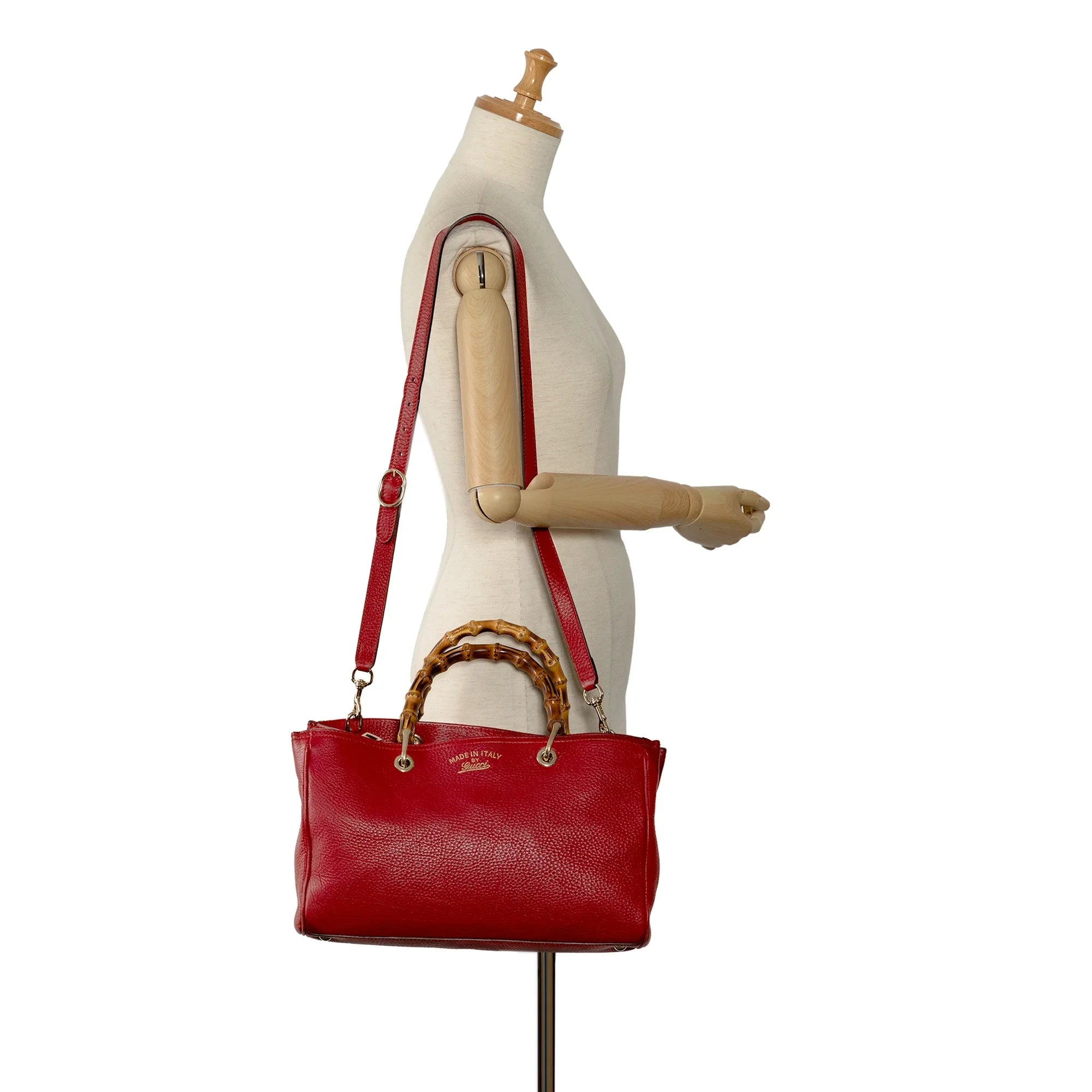 Pre-Owned Authenticated Gucci Medium Bamboo Sizehopper Calf Leather Red Sizeatchel Unisex (Good)