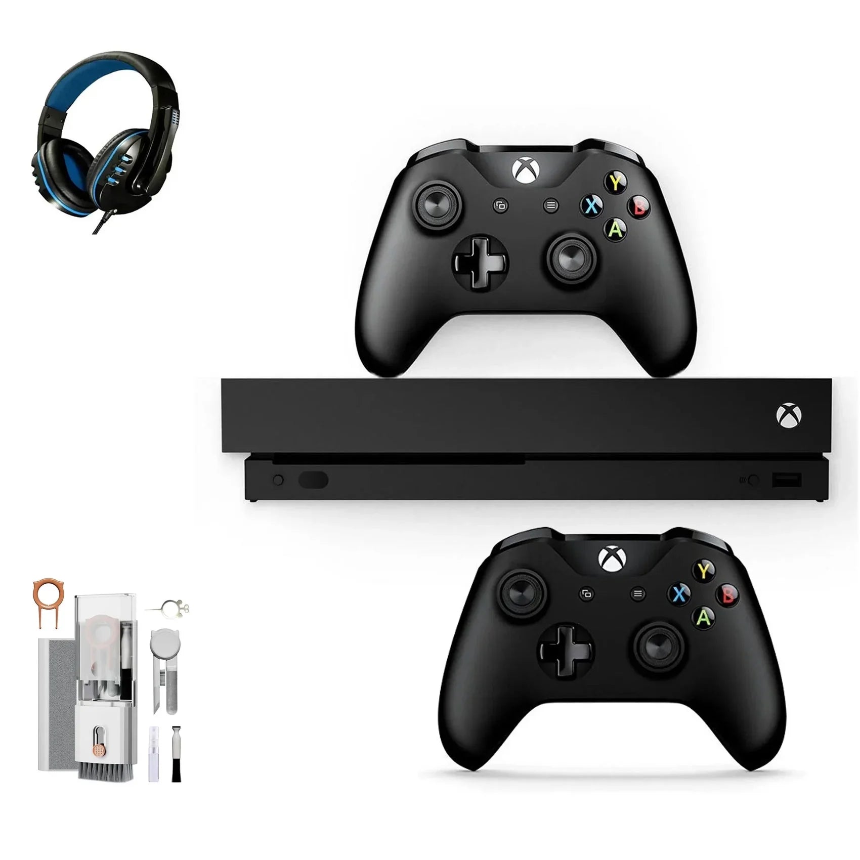 Pre-Owned Microsoft Xbox One X 1TB with 2 Controller, 4K Ultra HD Black with BOLT AXTION Cleaning Kit Headset Bundle (Refurbished: Like New)