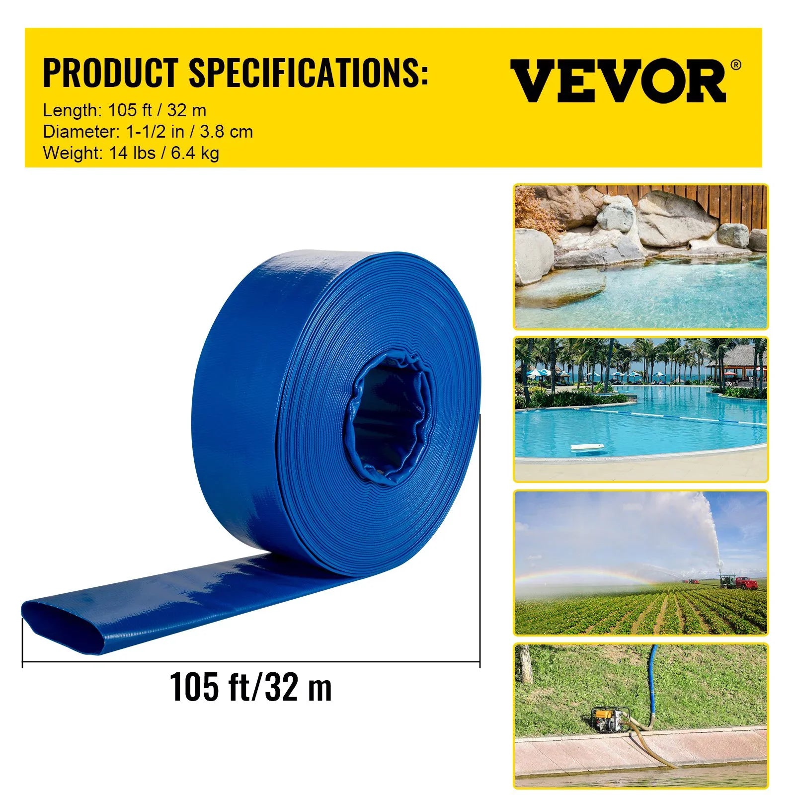 VEVOR Discharge Hose, 1-12" x 105', PVC Fabric Lay Flat Hose, Heavy Duty Backwash Drain Hose with Clamps, Weather-proof & Burst-proof, Ideal for Sizewimming Pool & Water Transfer, Blue