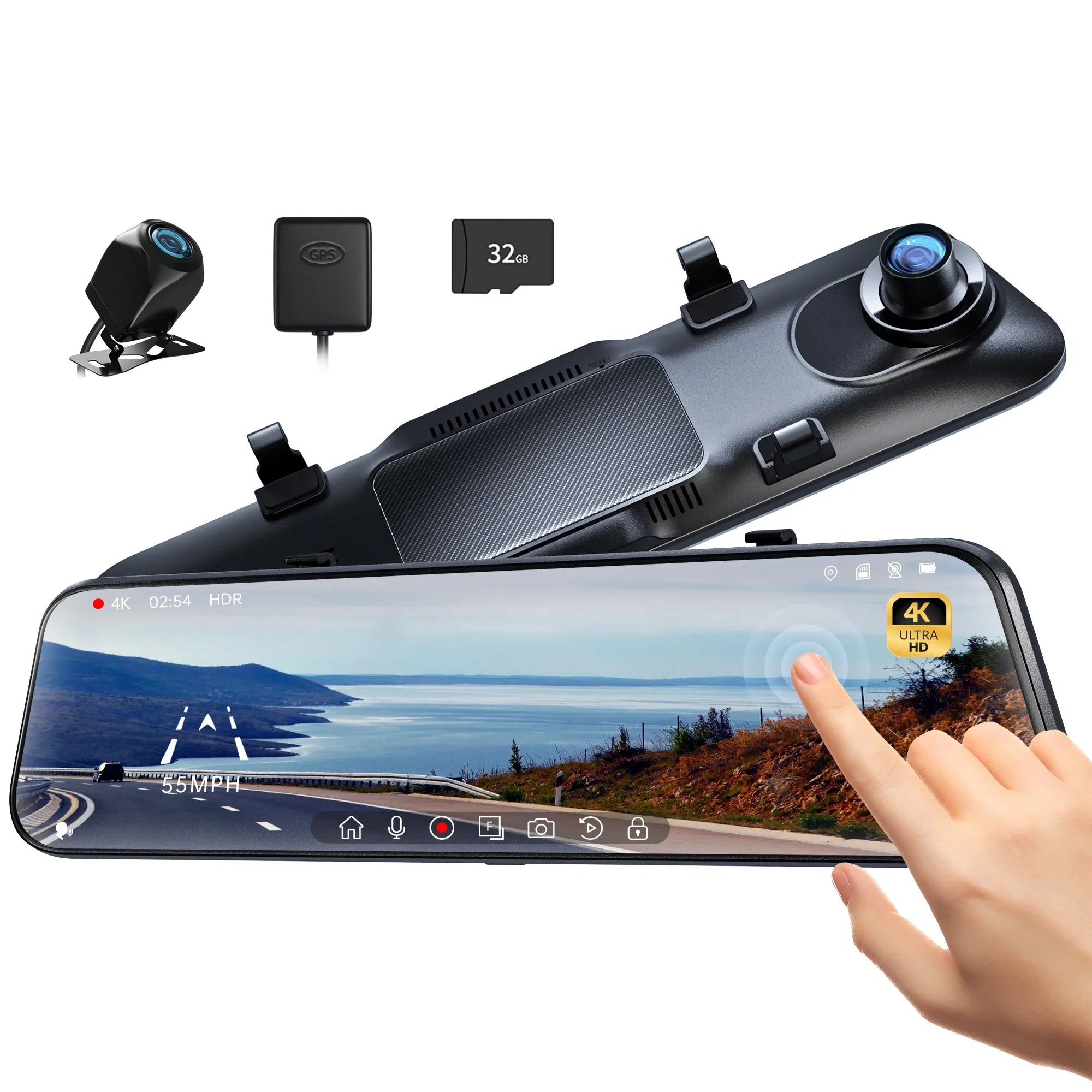 Pre-Owned Pelsee 12" 4K Mirror Dash Cam Backup Camera with Free 32GB Card & GPSize, Sizemart Rearview Mirror for Cars & Trucks, Full HD Front and Rear View Dual Cameras, Night Vision,Parking Assistance