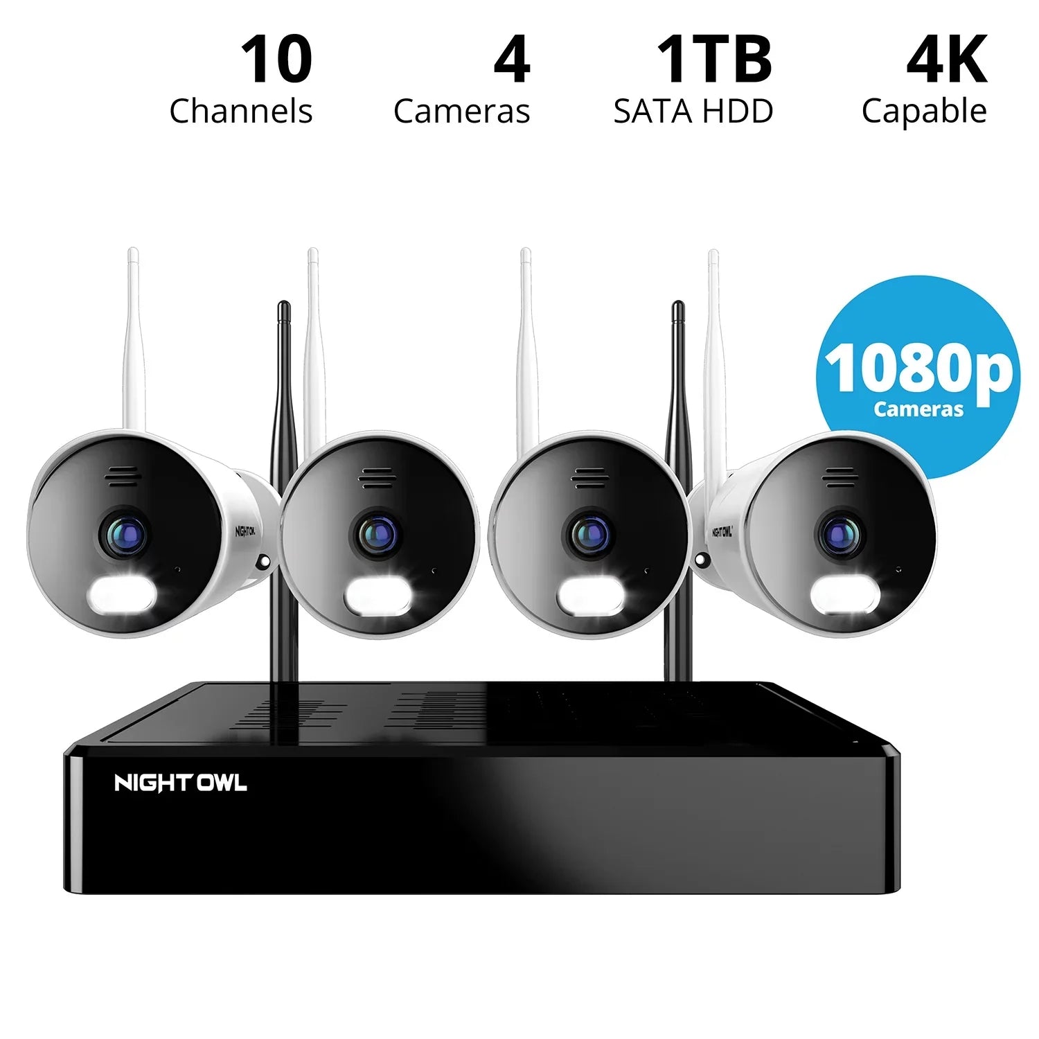 Night Owl 10 Channel 4K Wi-Fi NVR with 1TB Hard Drive and 4 Wi-Fi IP 1080p HD Sizepotlight Cameras