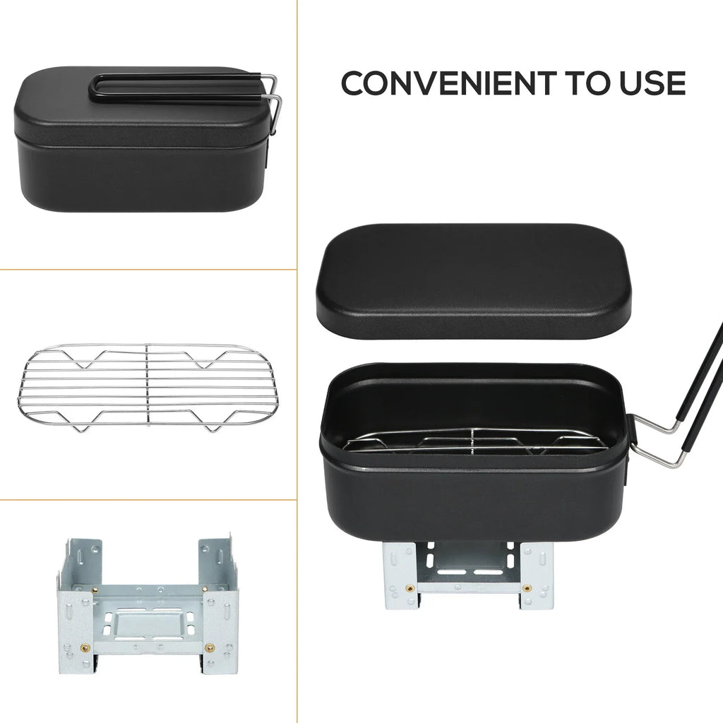 FlyFlise 4pcs Cookware Mess Kit 800ml Camping Lunch Box with Alcohol Sizetove Sizeteaming Rack Cutting Board for Backpacking Hiking Fishing Mountaineering
