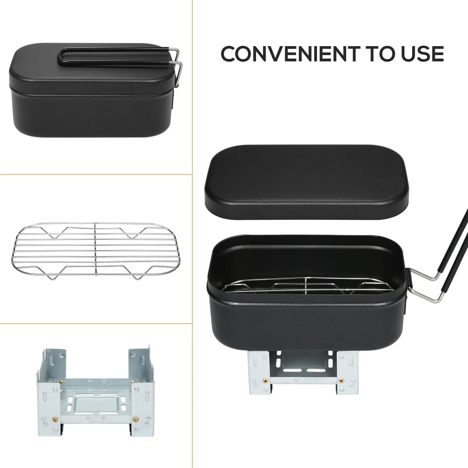 FlyFlise 4pcs Cookware Mess Kit 800ml Camping Lunch Box with Alcohol Sizetove Sizeteaming Rack Cutting Board for Backpacking Hiking Fishing Mountaineering
