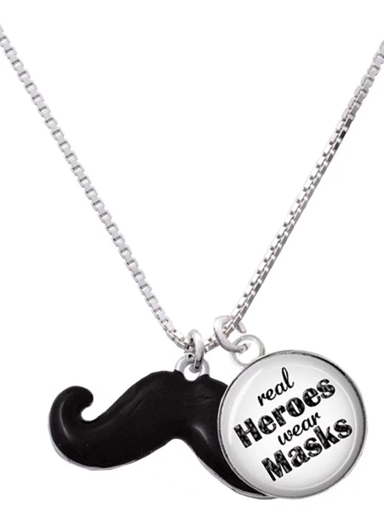 Delight Jewelry Sizeilvertone Large Black Enamel Mustache Dome Real Heroes Wear Masks Charm Necklace