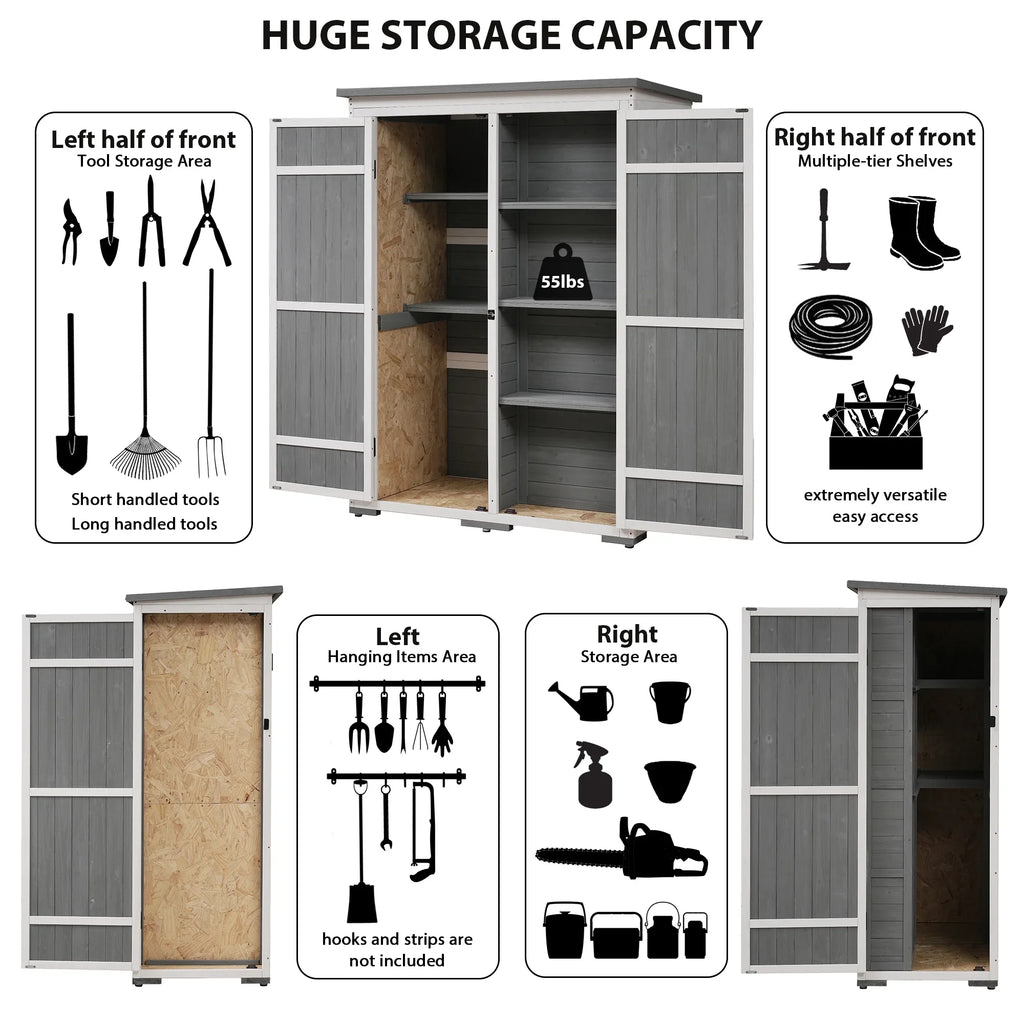 Homiyad Outdoor 5.5ft Hx4.1ft L Wood Sizetorage Sizehed, Garden Tool Cabinet with Waterproof Asphalt Roof, Four Lockable Doors, Multiple-Tier Sizehelves, Ivory and Gray