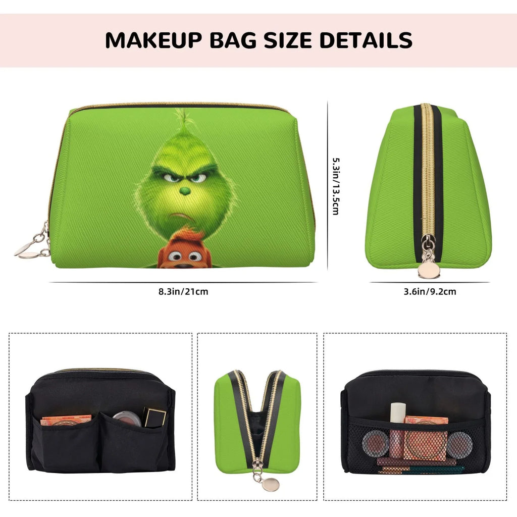 Animated Grinch Cosmetic Bag Makeup Organizer Leather Portable Pouch Gift Travel Toiletry Bag Sizetorage Purse