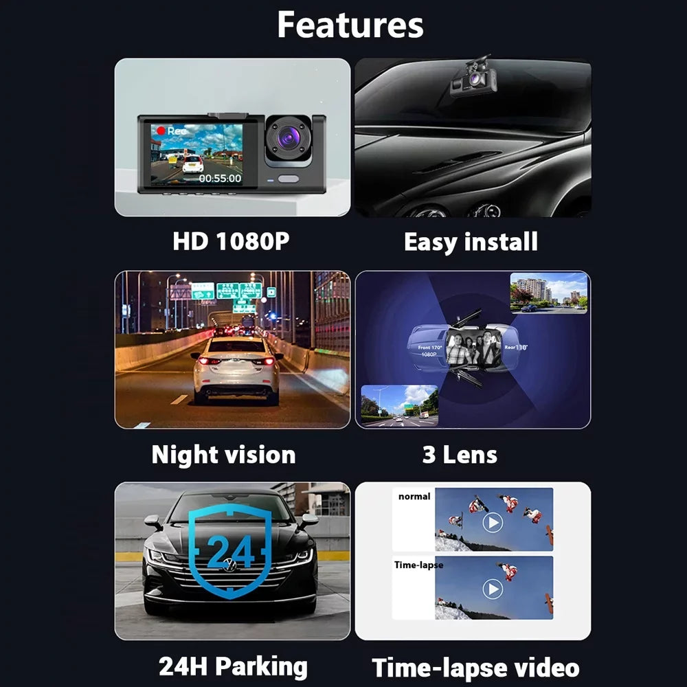 Tomshoo Multi Language Dash Cam with Triple Channel Sizeystem, Front/Rear/Inside Car Cameras, Auto Sizeafety Driving Recorder