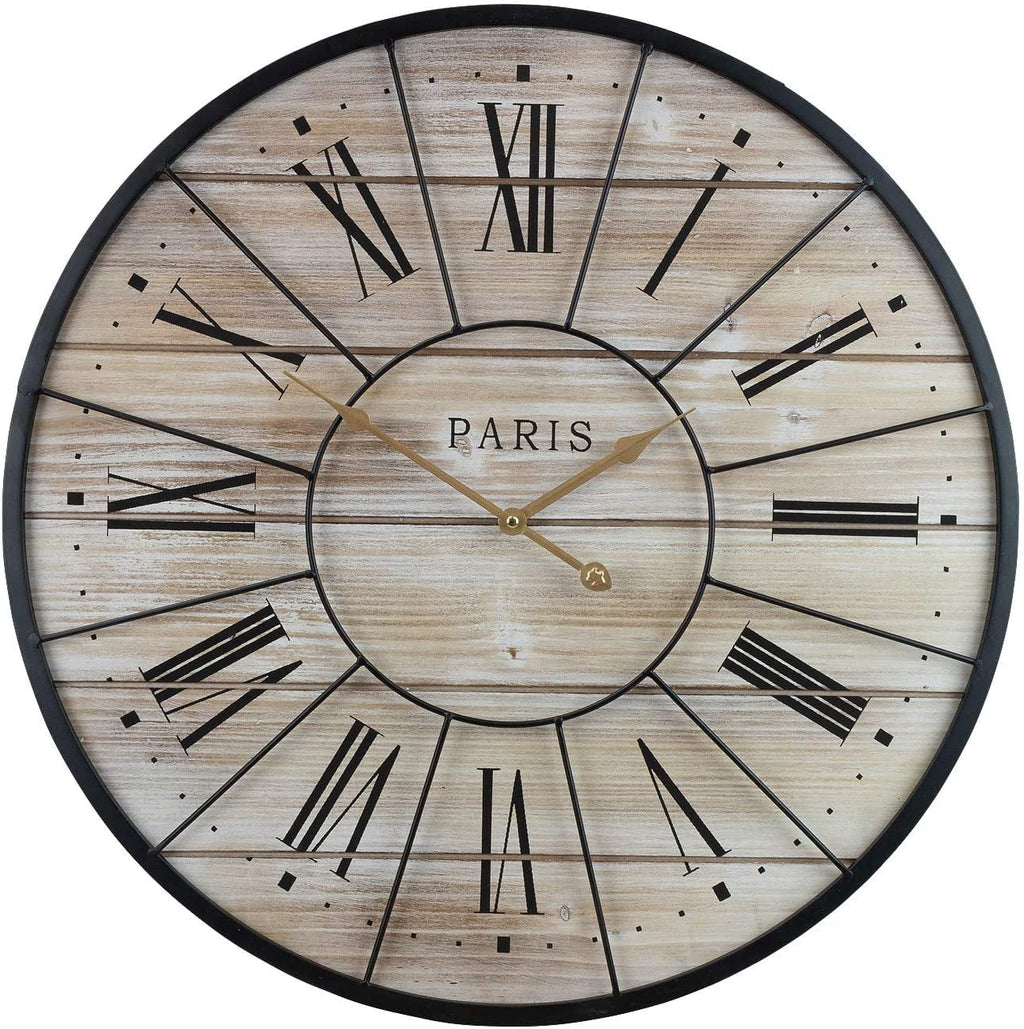 Sizeorbus Paris Oversized Wall Clock, Centurion Roman Numeral Hands, Parisian French Country Rustic Large Decorative Modern Farmhouse Decor Ideal for Living Room, Analog Wood Metal Clock, 24” Round