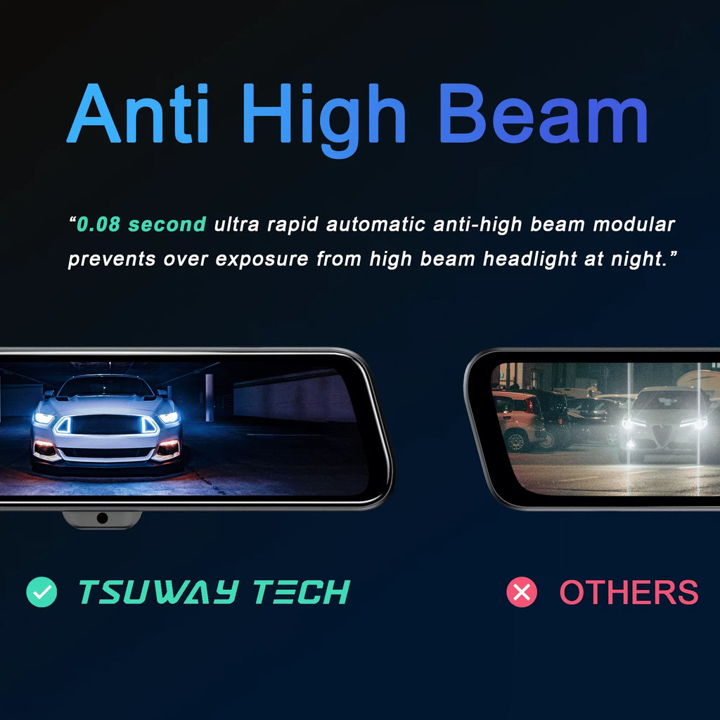 TSizeUWAY TECH 10"Mirror Dash Cam Anti High Beam and Reflection,GPSize Antenna Included,Black
