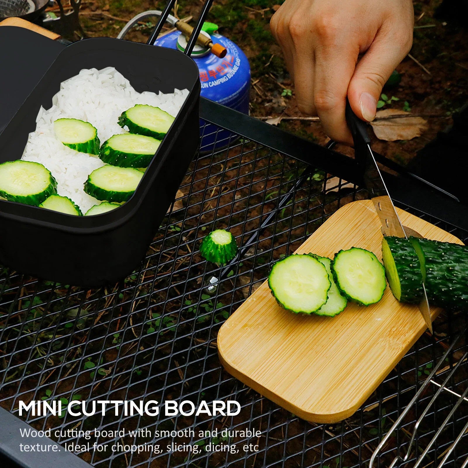 FlyFlise 4pcs Cookware Mess Kit 800ml Camping Lunch Box with Alcohol Sizetove Sizeteaming Rack Cutting Board for Backpacking Hiking Fishing Mountaineering