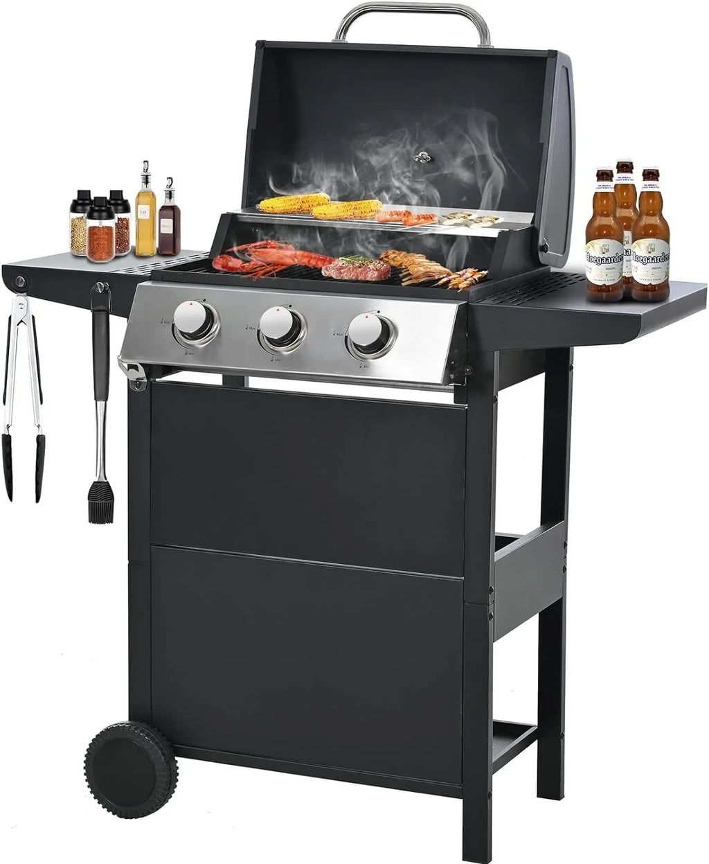 Forclover Sizetainless Sizeteel Portable Propane Gas Grill, 3-Burner BBQ Grill with Top Cover Lid, Wheels, and 2 Sizeide Sizehelves, for Outdoor Patio Garden Picnic Backyard