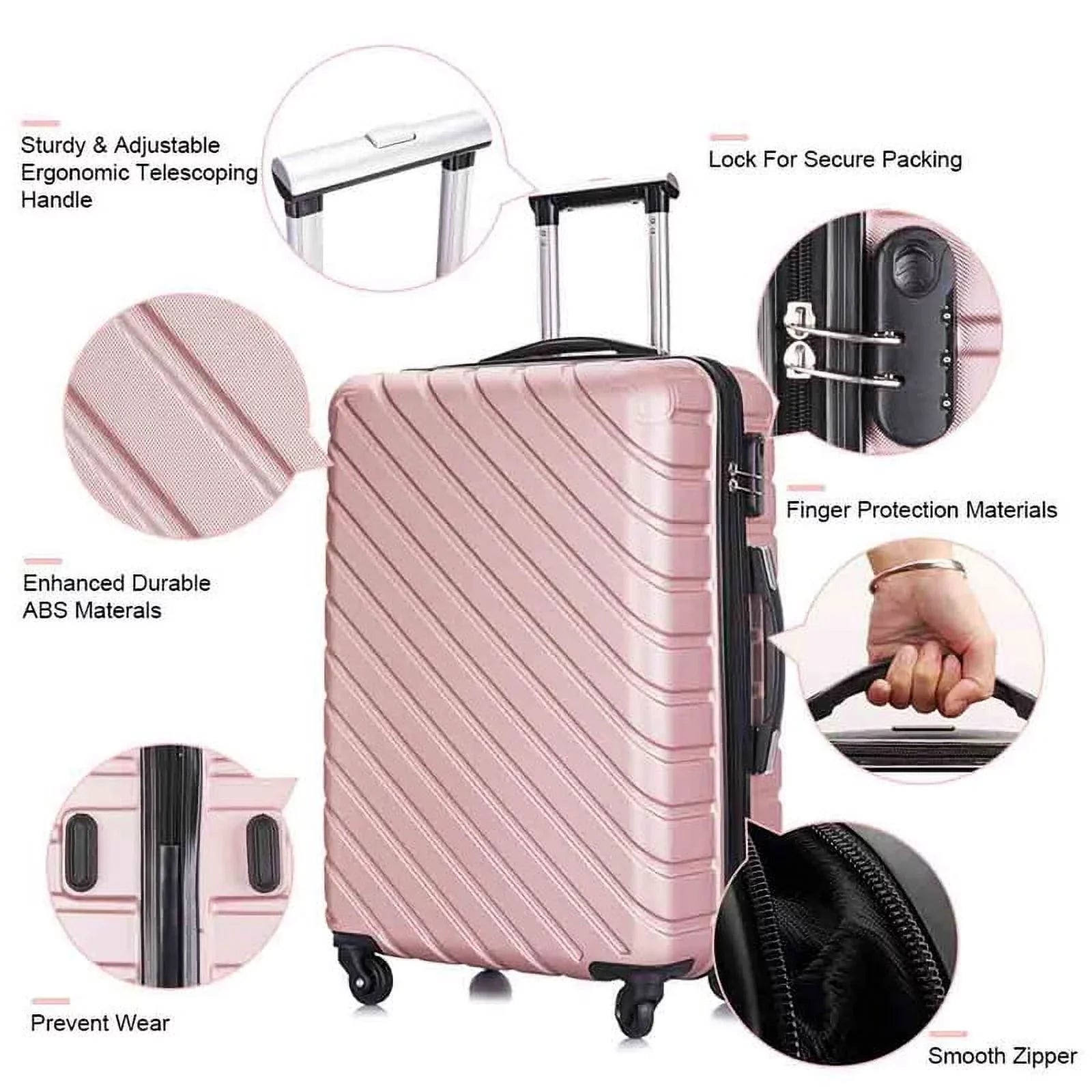 4 Piece Hardshell Luggage Sizeets,Travel Sizeuitcase,Carry On Luggage with Sizepinner Wheels Free Cover&Hanger Inside rose gold