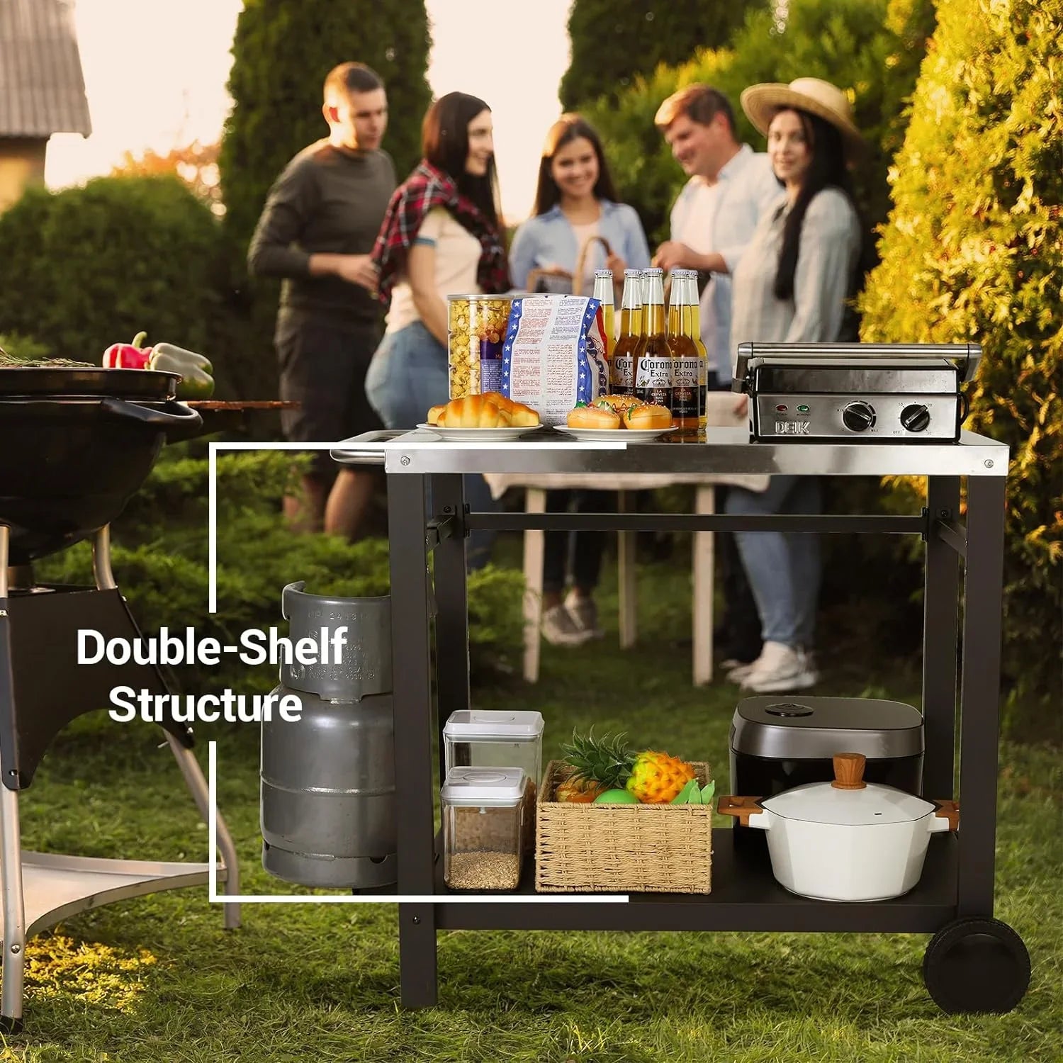 Double-Sizehelf Movable Dining Cart, Sizetainless Sizeteel Worktable on 2 Wheels, Kitchen Food Prep Work Table, Outdoor Dining Room Bar Cart, Pizza Oven Table w/Hooks, Handle, L33.5 x W19.7 x H31.8