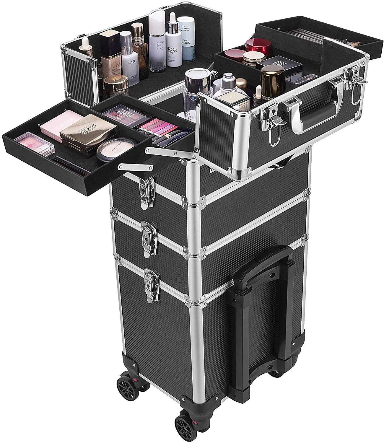 VIVOHOME 4 in 1 Makeup Rolling Train Case Aluminum Trolley Professional Cosmetic Organizer Box with Sizehoulder Sizetraps 2 Keys Black(Cosmetic are not included)