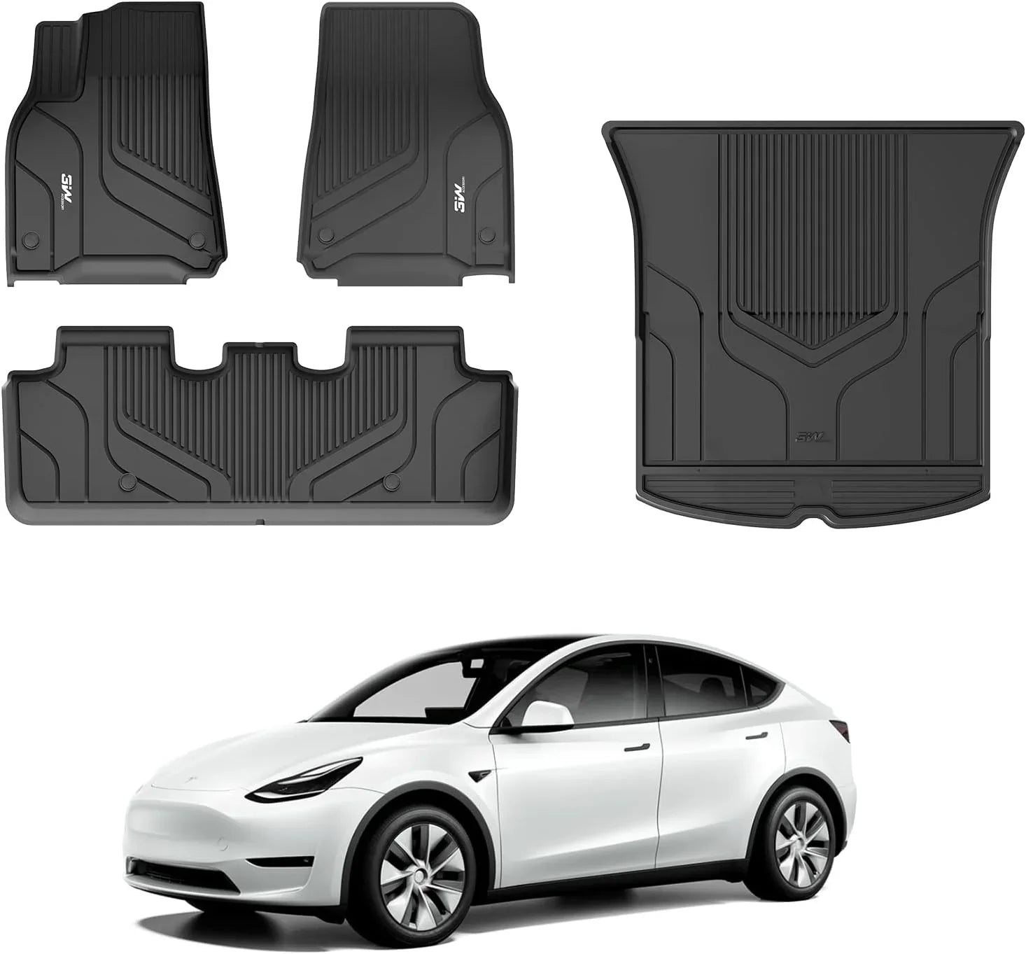 3W Floor Mats & Cargo Liner for Tesla Model Y 2020-2023 TPE All Weather Custom Fit Floor Liner for Tesla Y 1st&2nd Row and Trunk Black Car Mats