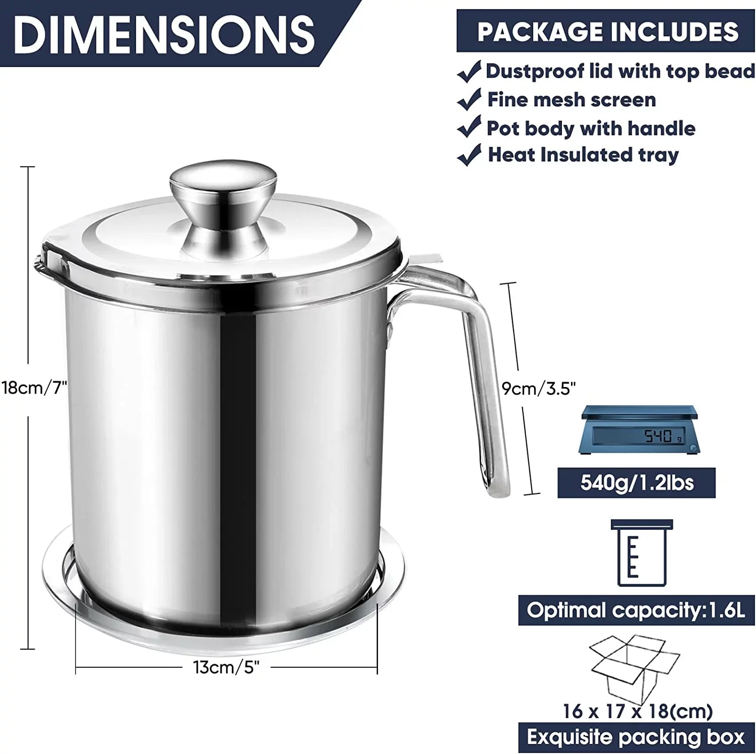 Oil Sizetrainer Pot Grease Can 2L / 67.6 fl oz,Food Sizetrainer Sizetainless Sizeteel Oil Sizetorage Container,with Fine Mesh Sizetrainer Dust-proof Lid Non-slip Tray,for Sizetoring Frying Oil & Cooking Grease