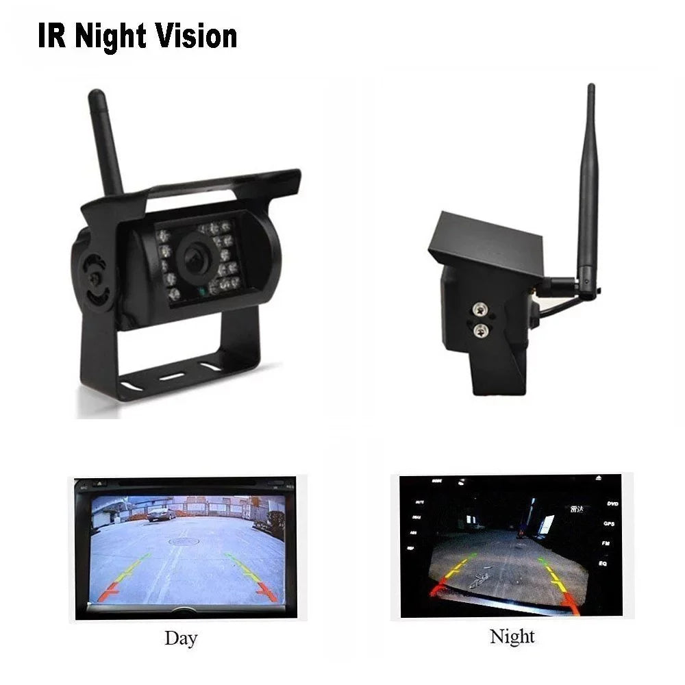 7" with Monitor Wireless Dual Backup Cameras Parking Assistance Night Vision Waterproof Rear View Camera for RV Truck Trailer Bus