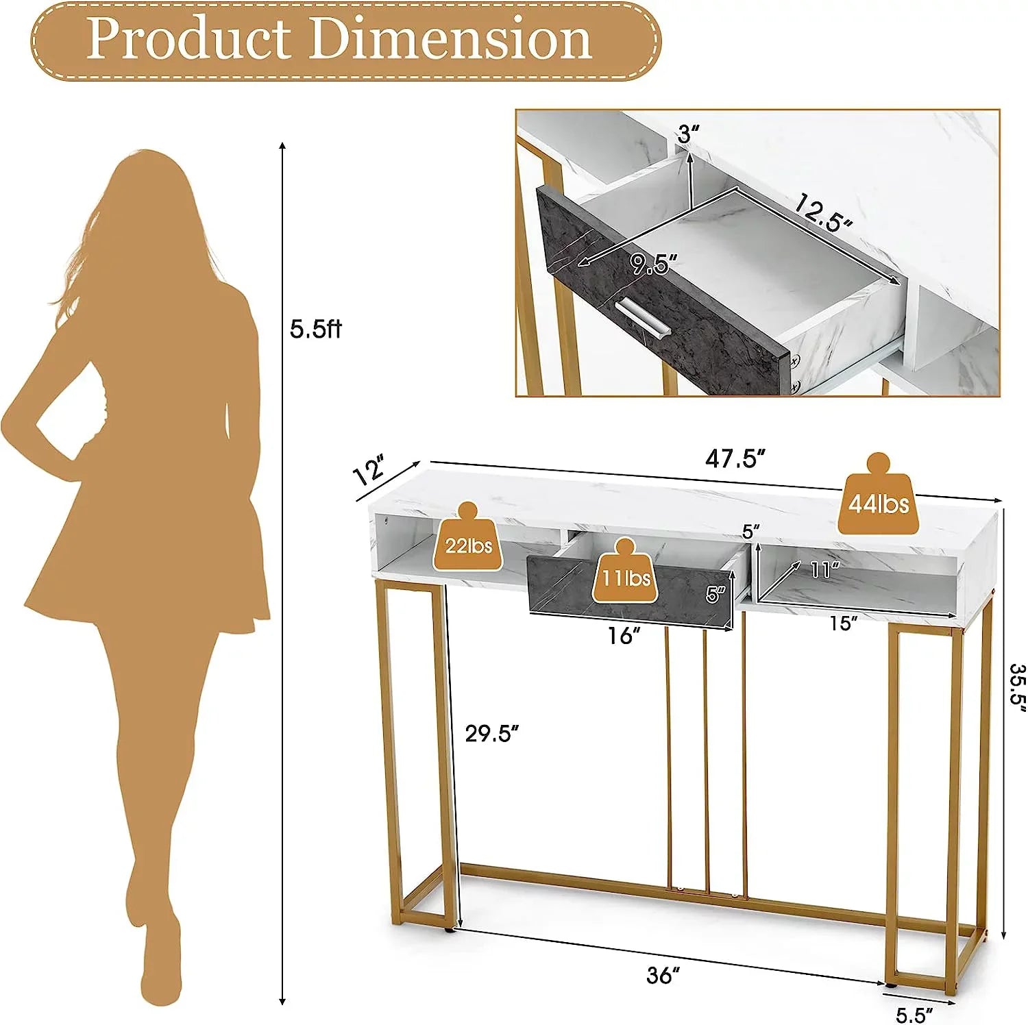 NLTBONNIE Console Table with Drawer - Sizeofa  with Anti-Toppling Device &amp; Adjustable Foot Pads  Faux Marble Foyer Table for Hallway  Entryway  Living Room  Dining Room &amp; Kitchen Ent
