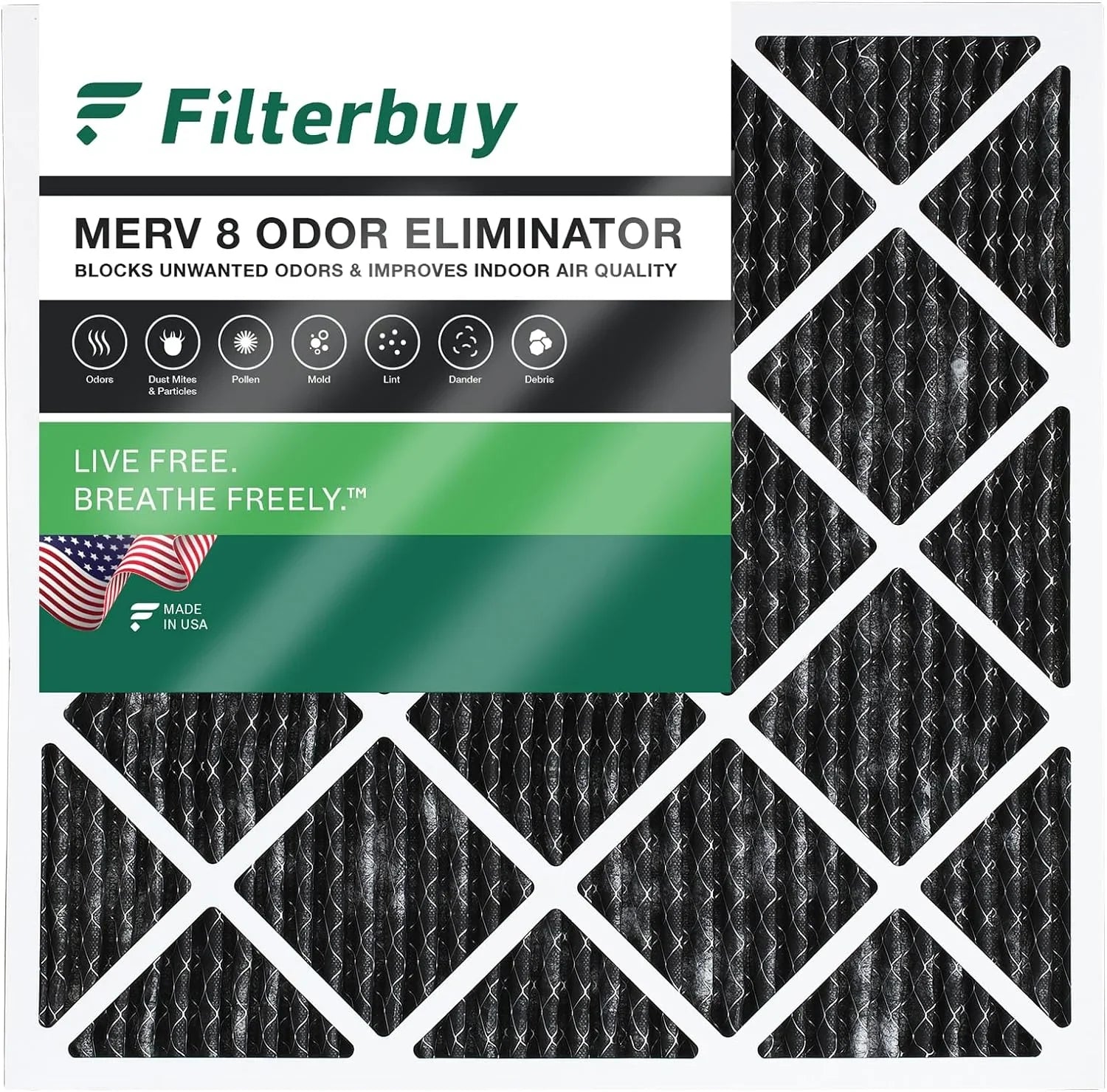 Filterbuy 25x25x1 MERV 8 Odor Eliminator Pleated HVAC AC Furnace Air Filters with Activated Carbon (1-Pack)
