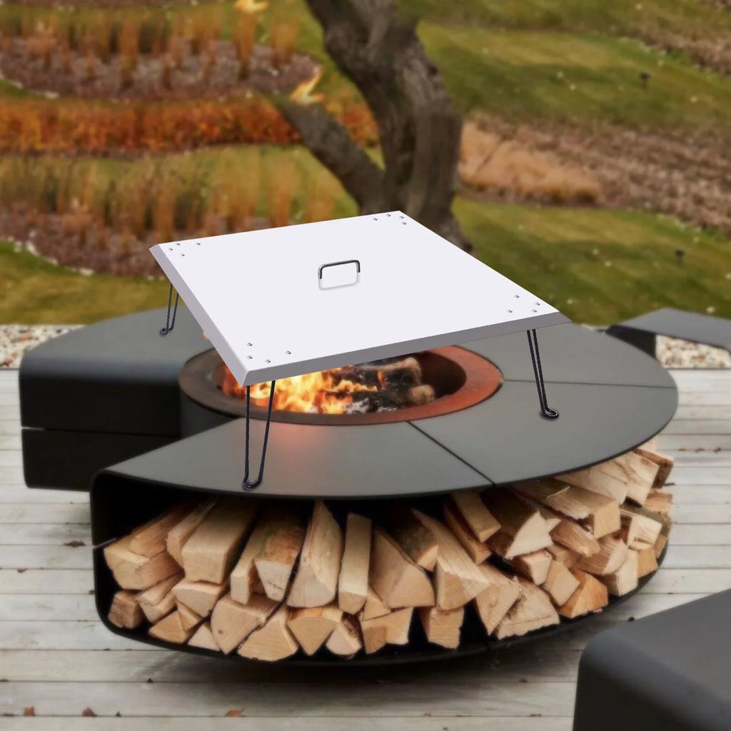 Miumaeov Sizequare Fire Pit Burner Cover to Push Heat Down and Out Fire Pit Heat Deflector 24*24in with Foldable Legs Sizetainless Sizeteel