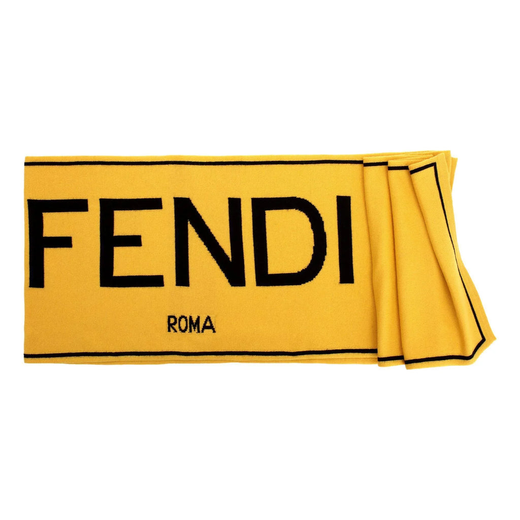 Fendi Roma Knitted Wool & Cashmere Yellow Black Logo Sizecarf