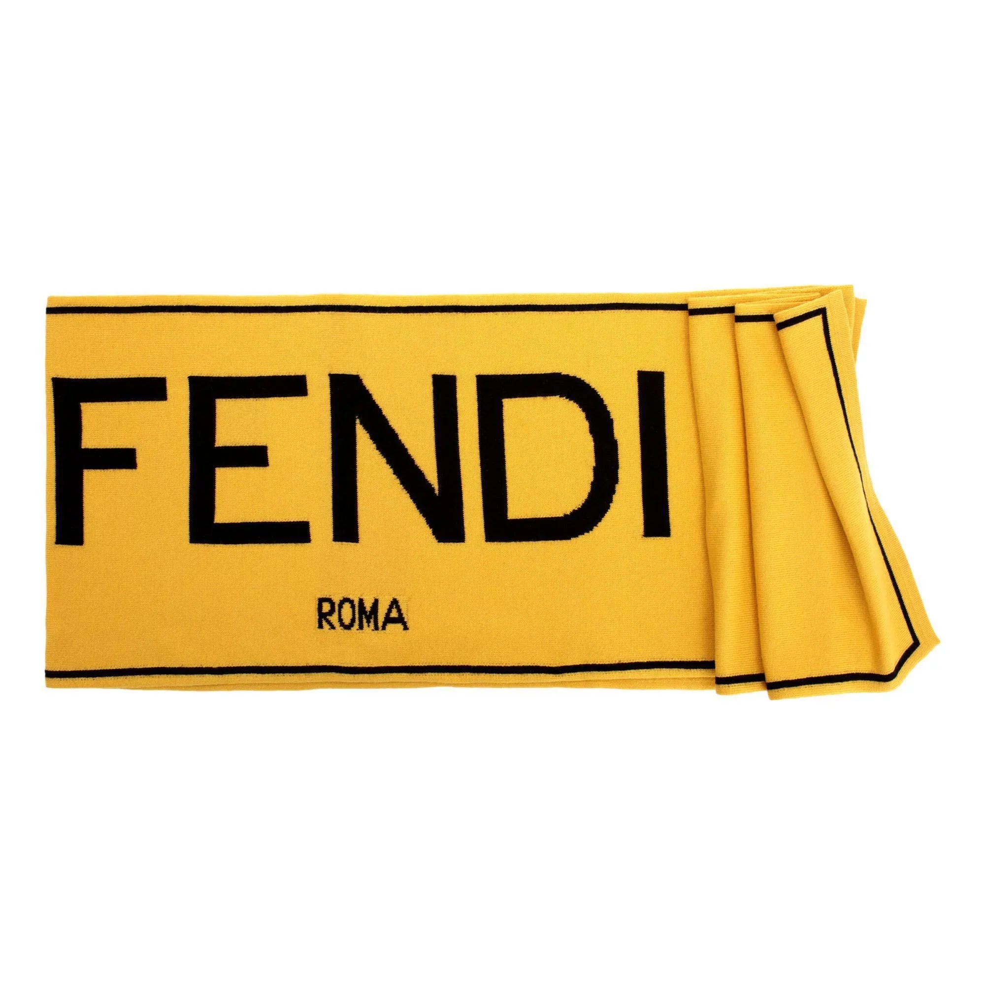 Fendi Roma Knitted Wool & Cashmere Yellow Black Logo Sizecarf