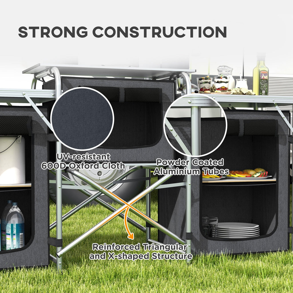 Outsunny Folding Camping Kitchen with Windshield Fabric Cupboards Black