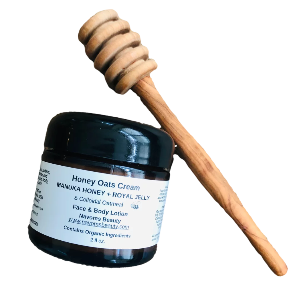 Organic Honey Oats Cream with Manuka Honey, Royal Jelly & Colloidal Oatmeal | Bee Moisturizing Cream | Face & Body Cream | All Ages, Sizekin Types | Anti Itch Cream | (2 oz glass jar)