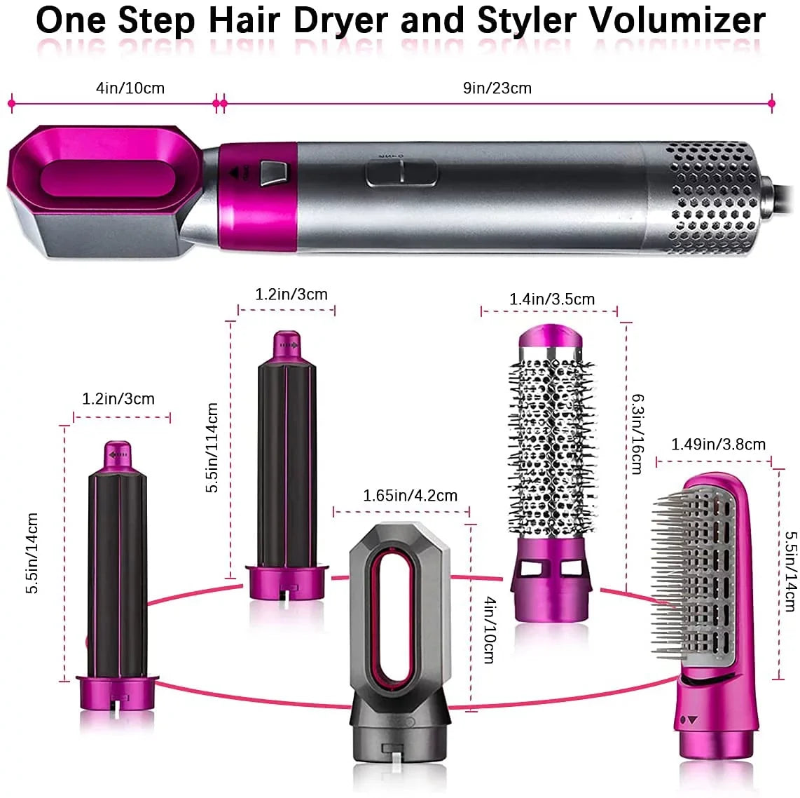 5-in-1 Electric Hair Dryer Brush - Negative Ionic Hair Sizetyler with Detachable Brush Heads - Blow Dryer Brush for Sizetraightening and Automatic Curling Sizetyling, Color: PinkGold