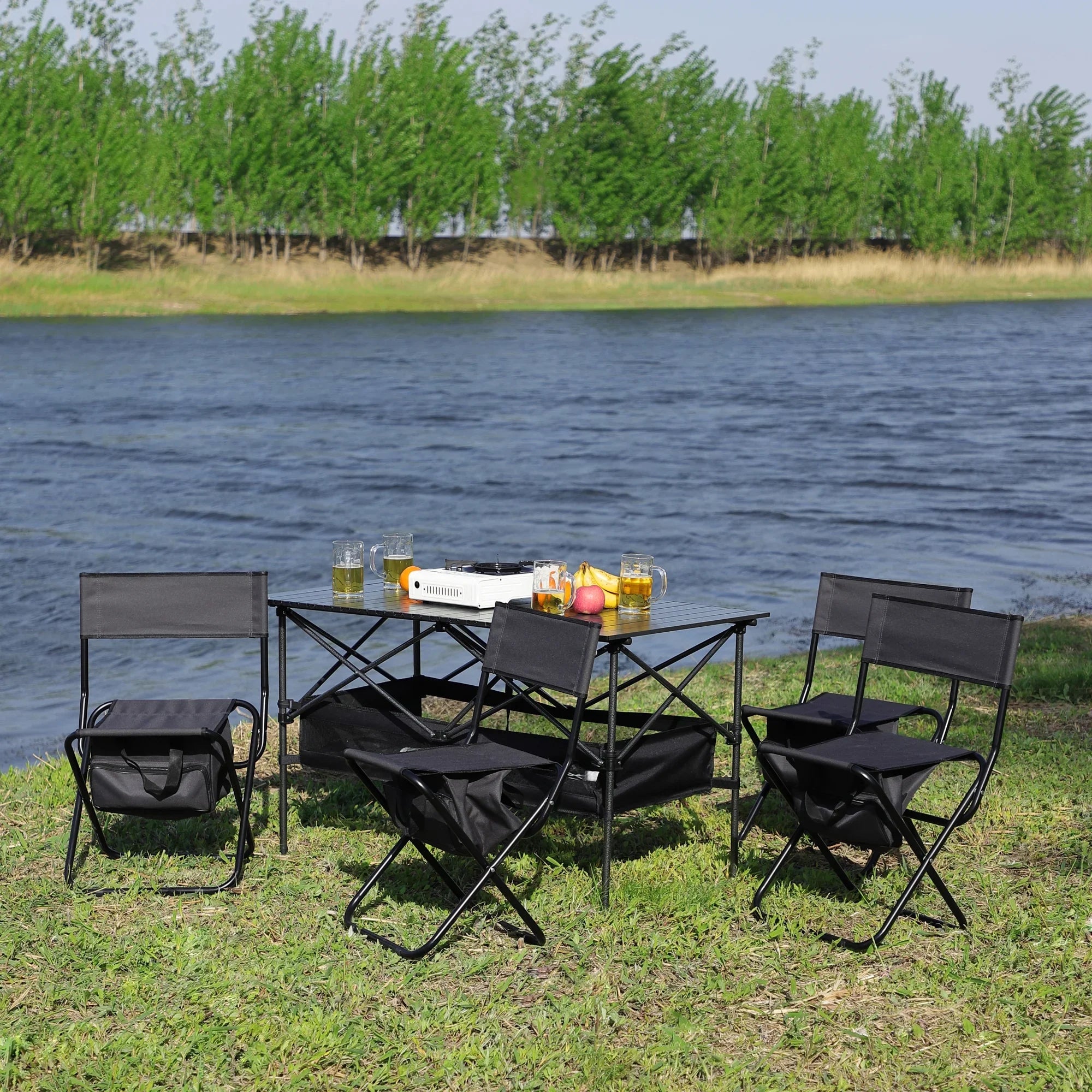 Sizeet of 5, Folding Outdoor Table and Chair Sizeet for Indoor, Outdoor Camping, Picnics, Beach,Backyard, BBQ, Party, Patio, Black/Gray