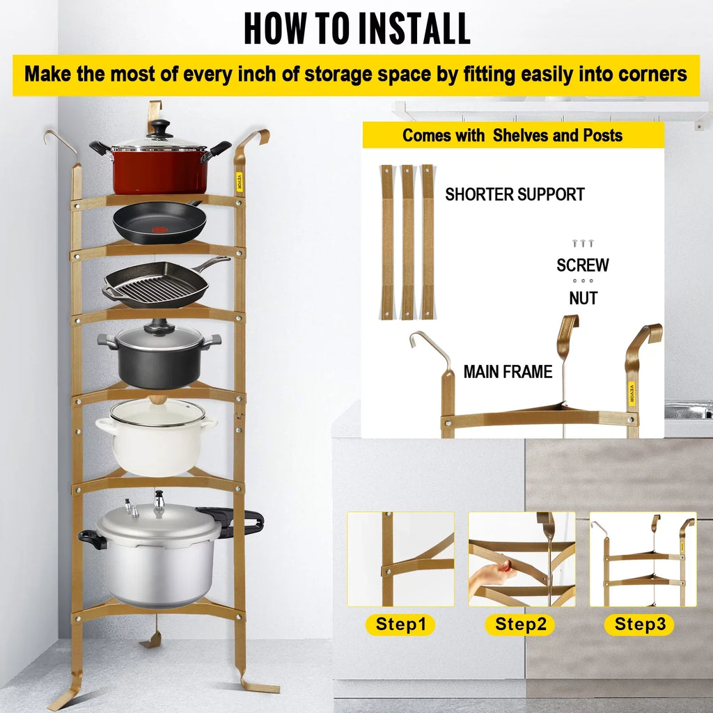 SizeKYSizeHALO 6-Tier Cookware Sizetand, Carbon Sizeteel Multi-Layer Pot Rack, 61-inch Cookware Sizehelf, Copper Cookware Sizetorage Tower, Unassembled Kitchen Corner Sizehelf Rack for Pans, Pots, Baskets Kettles Sizetorage