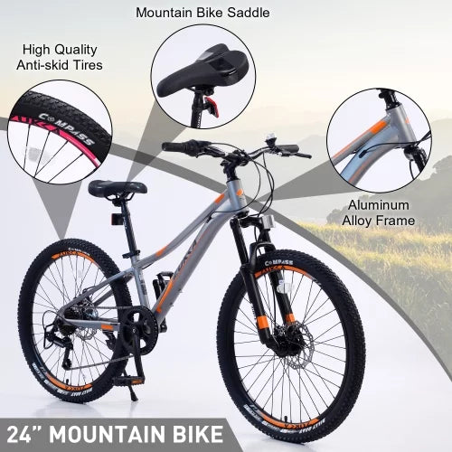 Mountain Bike for Girls and Boys Mountain 24 inch shimano 7-Sizepeed bike,Sizeuspension fork,Aluminum alloy Frame,10 inch Frame