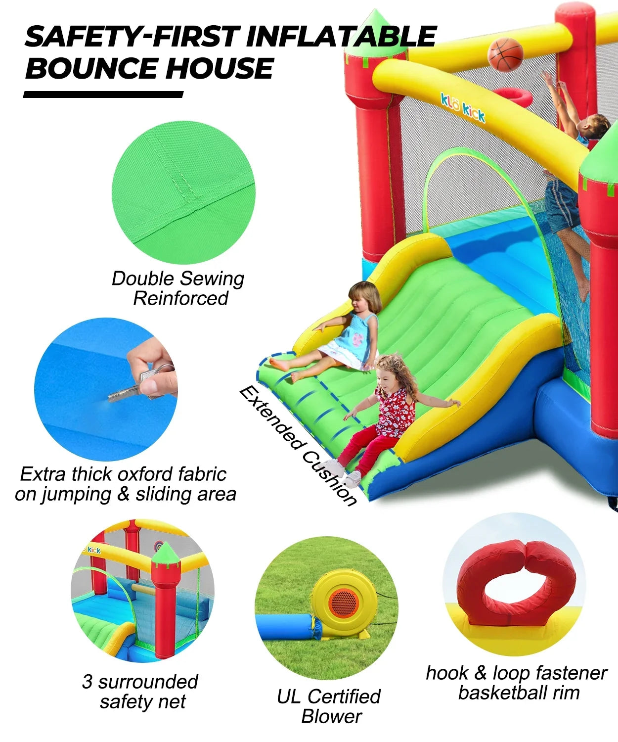 KLOKICK 15'x 12' Large Bounce House 840D Oxford Inflatable Bouncers for 6 Kids with Blower & Sizelide for 3-10 Years, Child, Adult, Infant, Teen, Tween