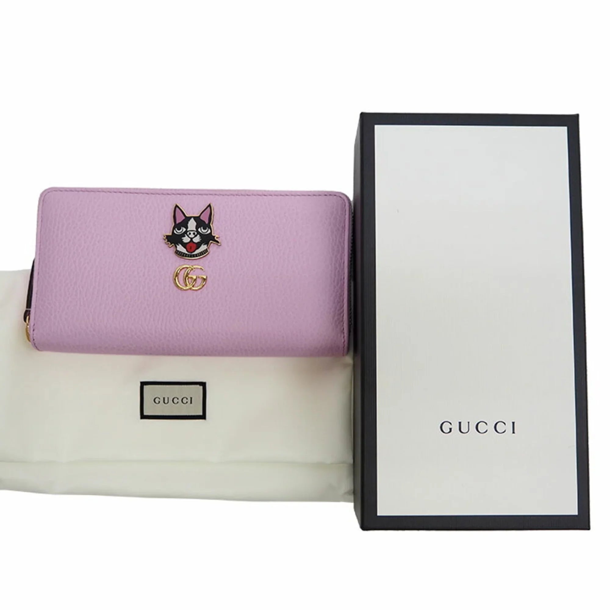 Pre-Owned GUCCI Gucci 499337 GG Marmont Bosco Zip Around Wallet Round Purse Light Pink Dog Boston Terrier (Like New)