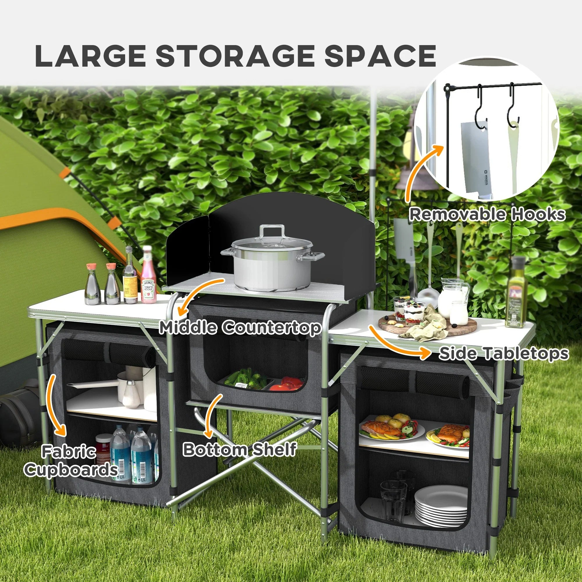 Outsunny Folding Camping Kitchen with Windshield Fabric Cupboards Black