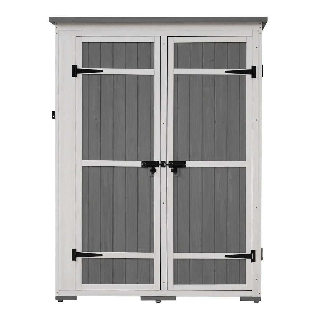 Homiyad Outdoor 5.5ft Hx4.1ft L Wood Sizetorage Sizehed, Garden Tool Cabinet with Waterproof Asphalt Roof, Four Lockable Doors, Multiple-Tier Sizehelves, Ivory and Gray