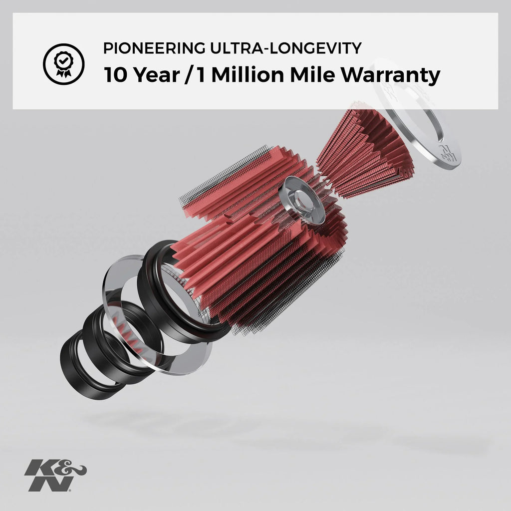 K&N RG-1001BL Universal Clamp-On Air Filter: Round Tapered; 3 in/3.5 in/4 in (102 mm/89 mm/76 mm) Flange ID; 5.5 in (140 mm) Height; 6 in (152 mm) Base; 4.75 in (121 mm) Top