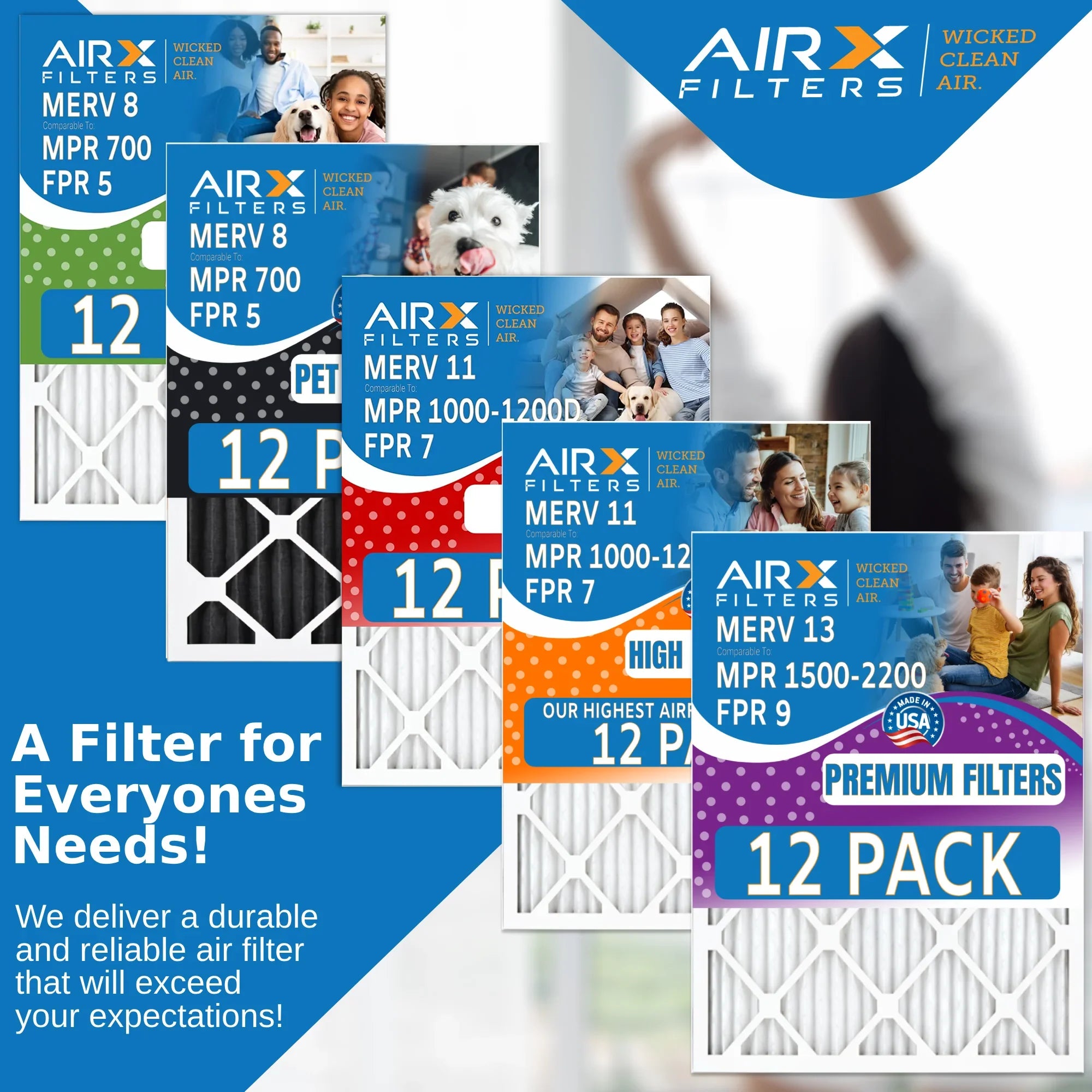 18x24x2 Air Filter MERV 11 Rating, 12 Pack of Furnace Filters Comparable to MPR 1000, MPR 1200 & FPR 7 - Made in USizeA by AIRX FILTERSize WICKED CLEAN AIR.