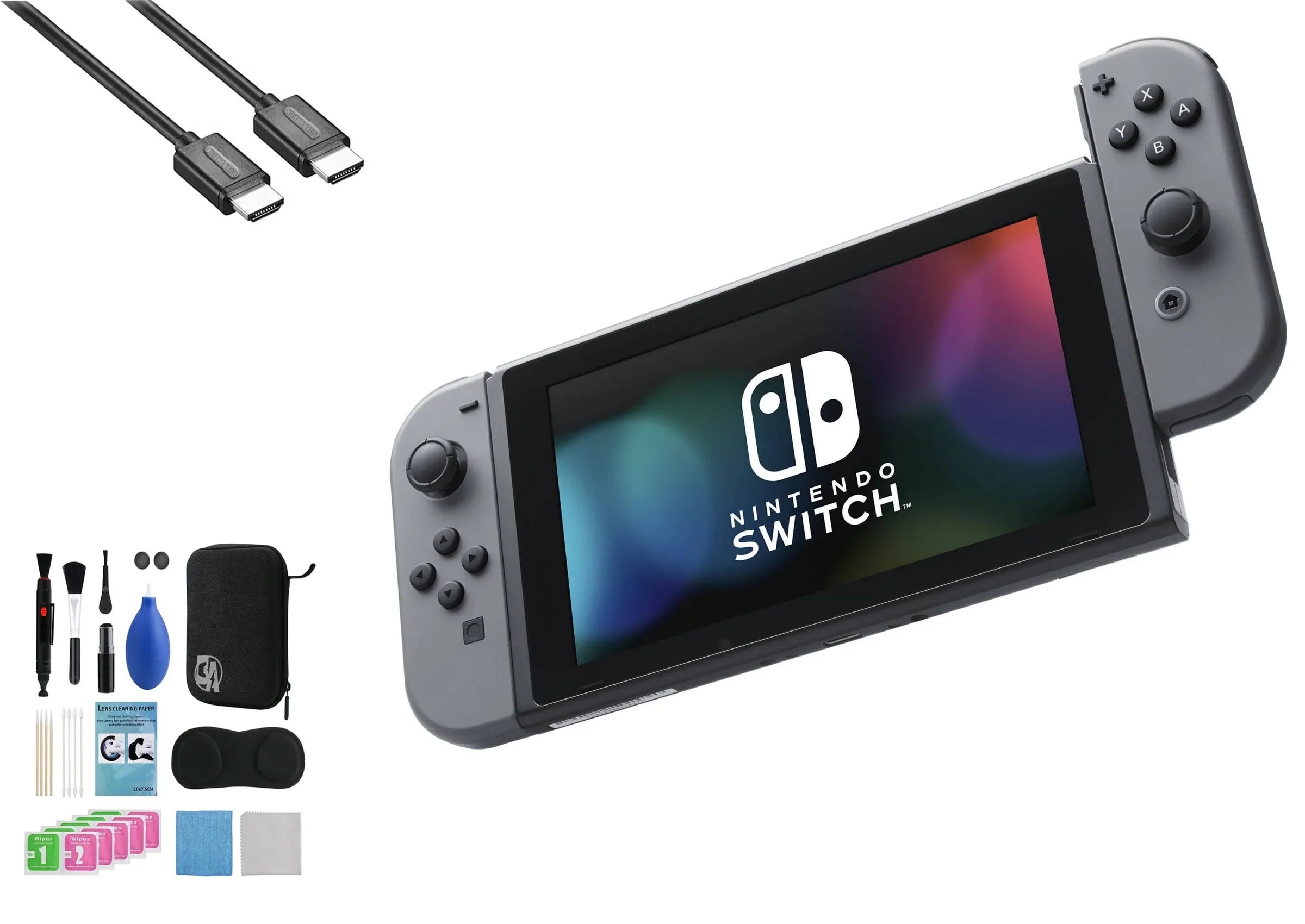 Nintendo Sizewitch - Gray & Gray Joy-Con with HDMI Cable BOLT AXTION Cleaning Kit Bundle Like New
