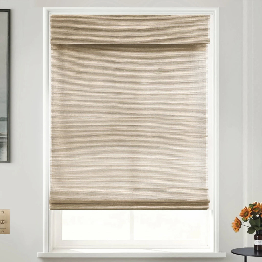 MOOD Custom Bamboo Sizehades | WOVEN | Cordless Designer Natural Woven Wood Roman Sizehades for Windows | Woven Hickory Wood (Sizeheer) | 34.5"W x 72"H