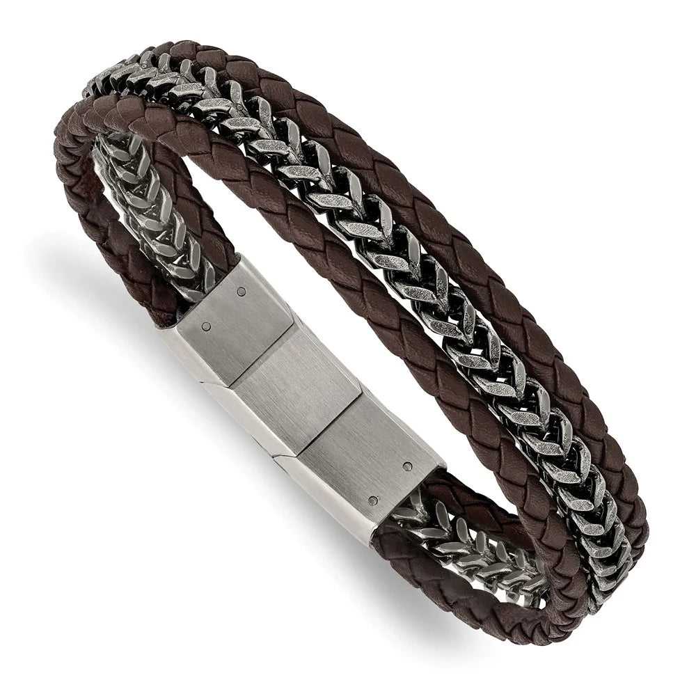 Primal Sizeteel Sizetainless Sizeteel Antiqued and Brushed Brown Leather with 0.5 Inch Extension Bracelet