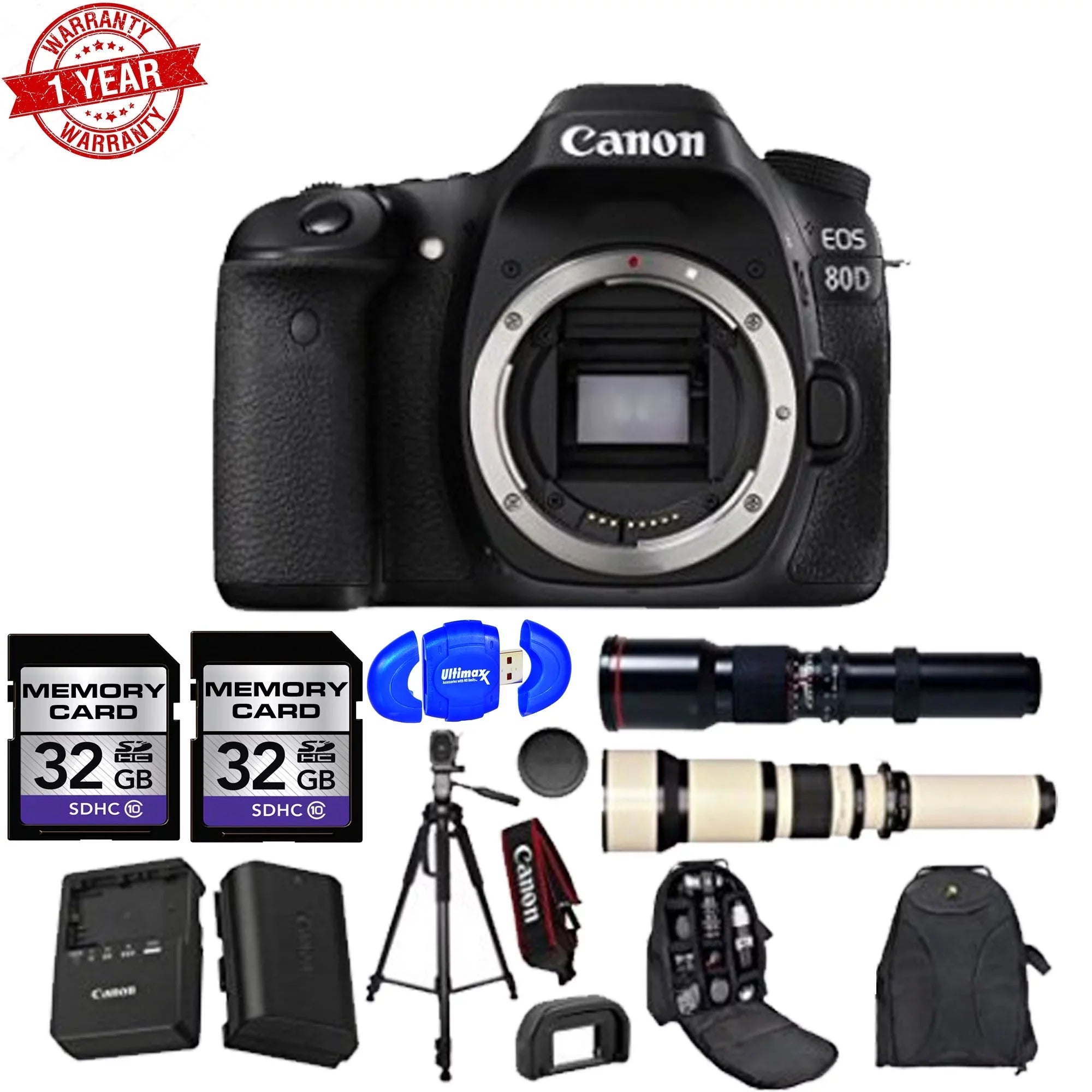 Canon EOSize 80D 24.2MP Wi-Fi Full HD 1080P DSizeLR w/500mm Preset Telephoto Lens + 650-1300mm Wildlife Zoom Lens and Accessory Bundle (15 Items)