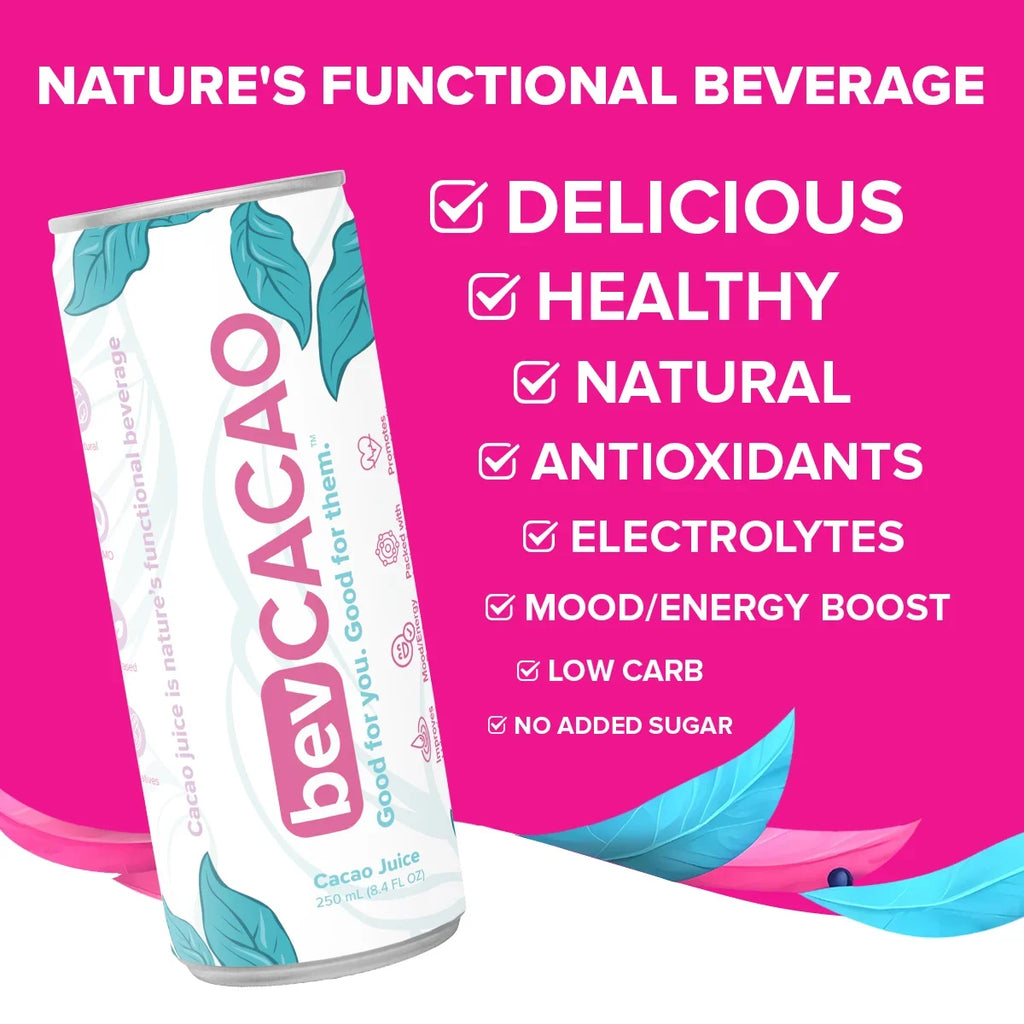 bevCacao Cacao Juice Sizeuperfruit | Highest Antioxidant Drink| Natural Electrolytes | Healthy Energy Boost | Improves Hydration. Fruit of the Cocoa Pod. 8.4oz Cans 8 Pack
