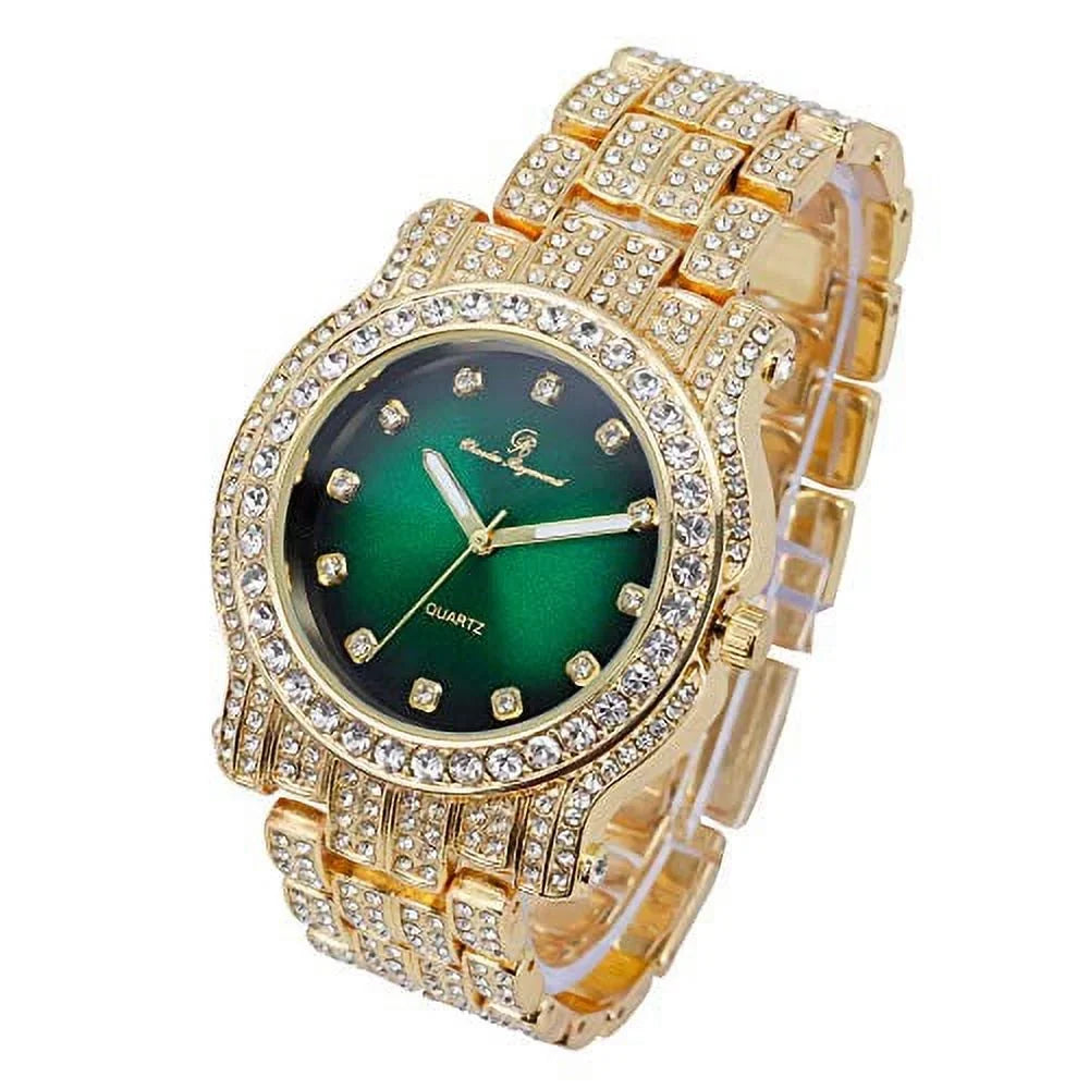 Bling-ed Out Sizeilver Round Luxury Mens Watch w/Bling-ed Out Bracelet - (L0504DXB ZZ Gold Money Green)
