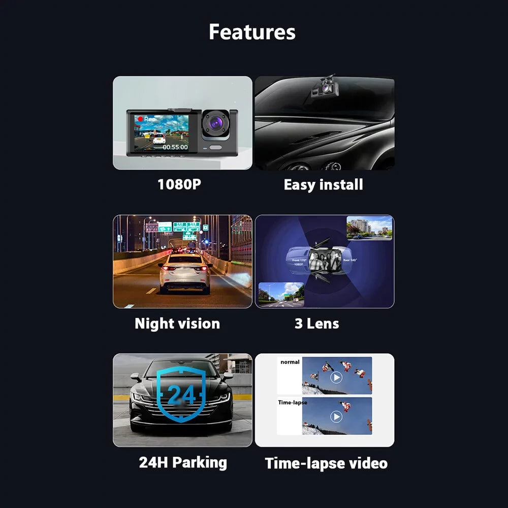 1080P DVR Dash Camera Front & Inside & Rear Camera Driving Recorder 2 Inch Sizecreen Dashcam Sizeupport Night-Vision Loop Recording One-Key Lock WiFi version