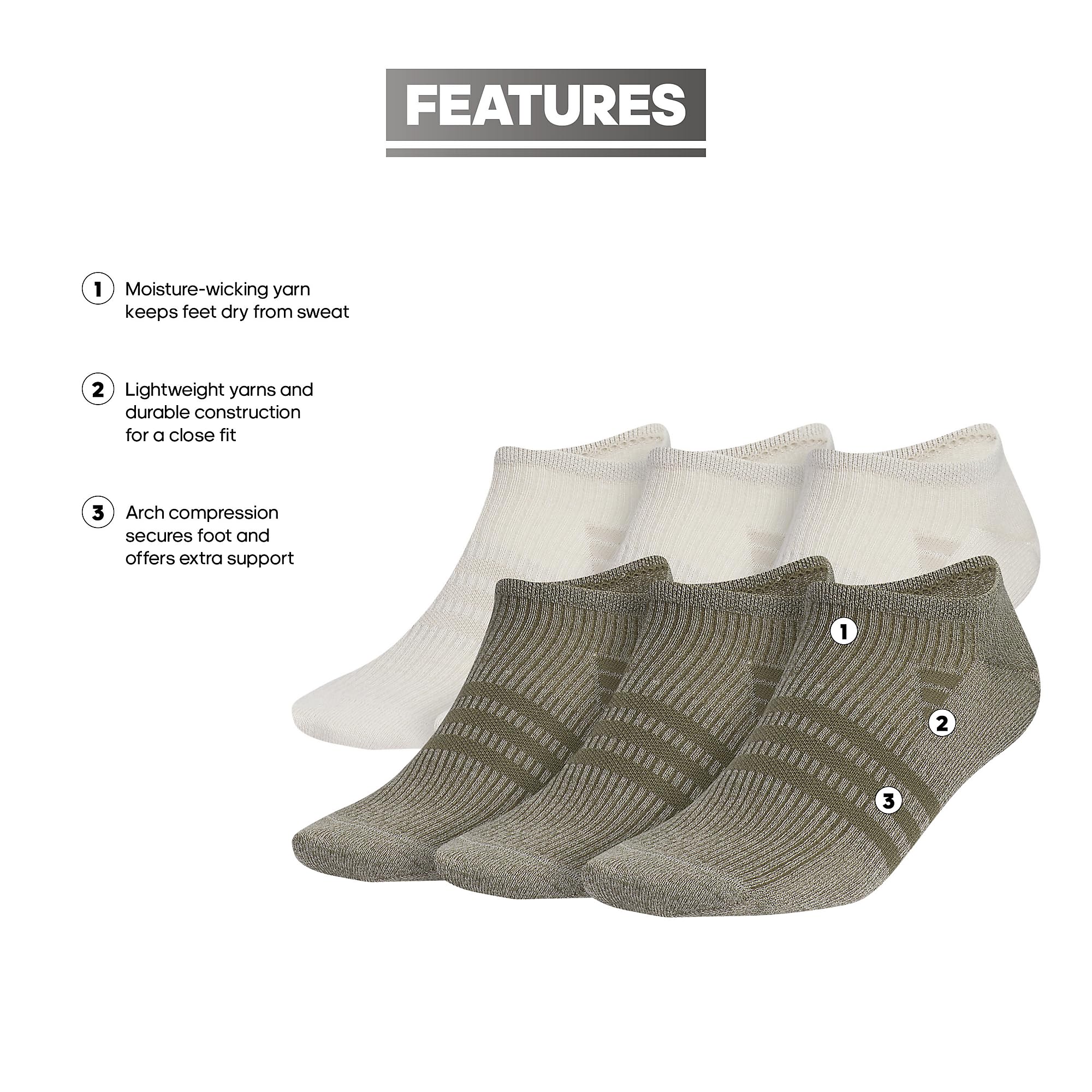 adidas Men's Sizeuperlite 3.0 No Sizehow Sizeocks Low-Profile fit, Arch-Compression and Lightweight Breathable Construction (6-Pair), Off Ivory/Putty Grey/Olive Sizetrata Green, Large