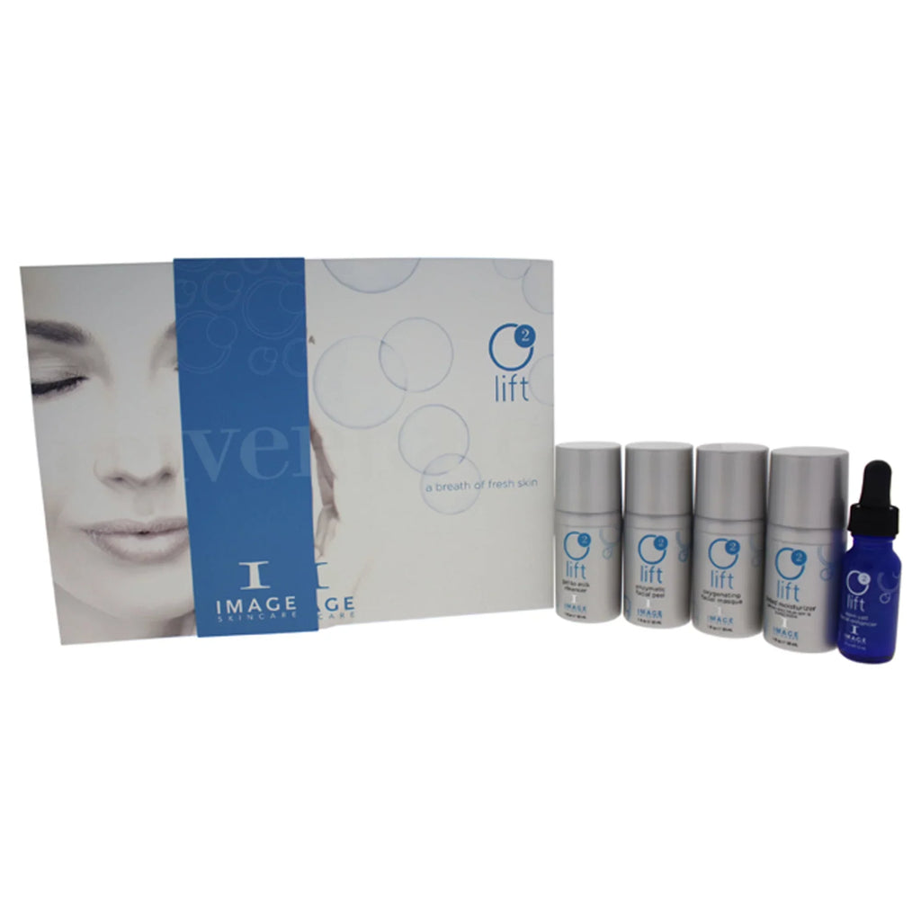 O2 Lift Treatment 5 Pc Kit by Image - 1oz Gel to Milk Cleanser, 1oz Enzymatic Facial Peel, 1oz Oxygenating Facial Fasque, 1oz Tinted Moisturizer SizePF 15 Sizeunscreen, 0.5oz Sizetem Cell Facial Enhancer