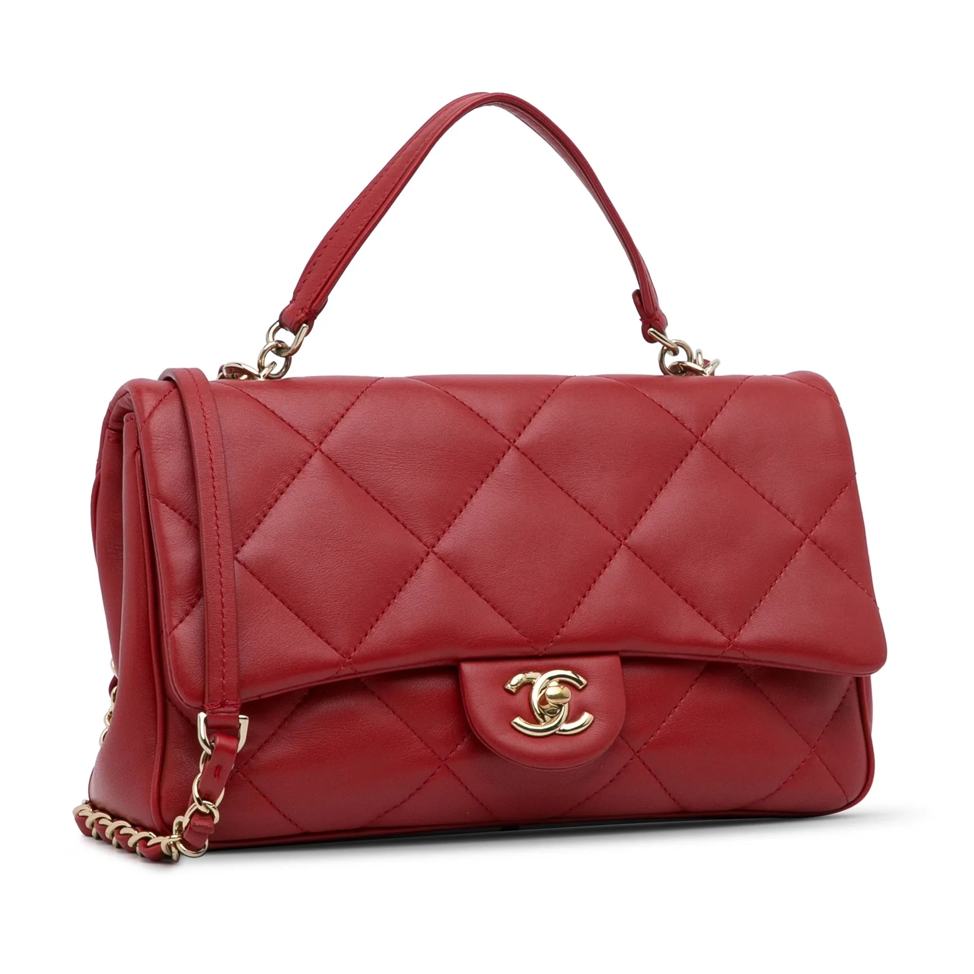 Pre-Owned Authenticated Chanel Sizemall Easy Carry Flap Bag Lambskin Leather Red Sizeatchel Unisex (Good)