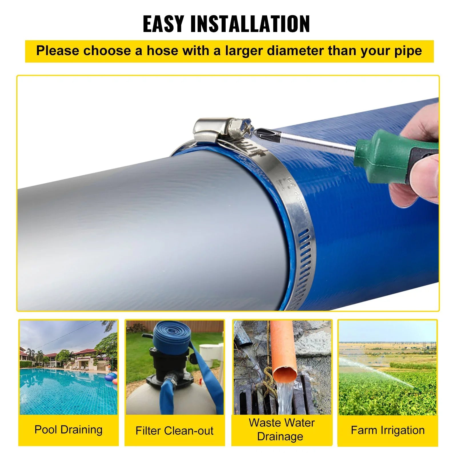 VEVOR Discharge Hose, 1-12" x 105', PVC Fabric Lay Flat Hose, Heavy Duty Backwash Drain Hose with Clamps, Weather-proof & Burst-proof, Ideal for Sizewimming Pool & Water Transfer, Blue