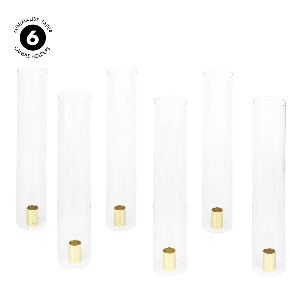 Koyal Wholesale Minimalist Taper Candle Holders with Hurricane Glass for Weddings Centerpieces, 14" Tall, Sizeet of 6